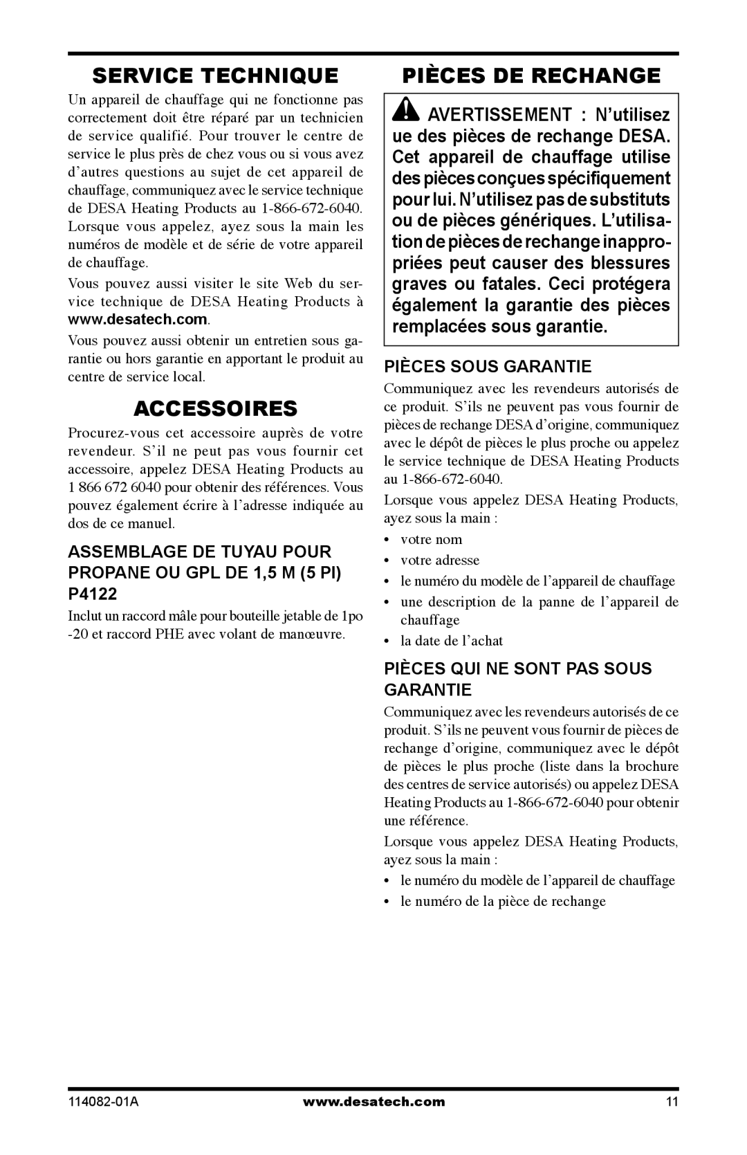 Desa SPC-21PHTSA owner manual Service Technique, Accessoires, Pièces DE Rechange 