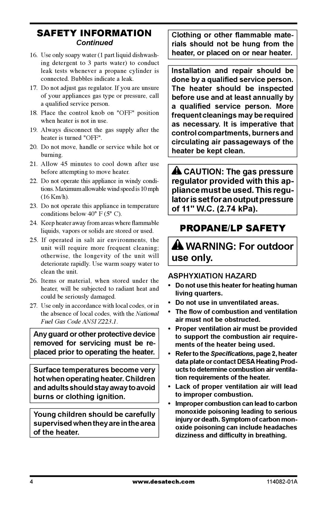 Desa SPC-21PHTSA owner manual PROPANE/LP Safety, Asphyxiation Hazard 