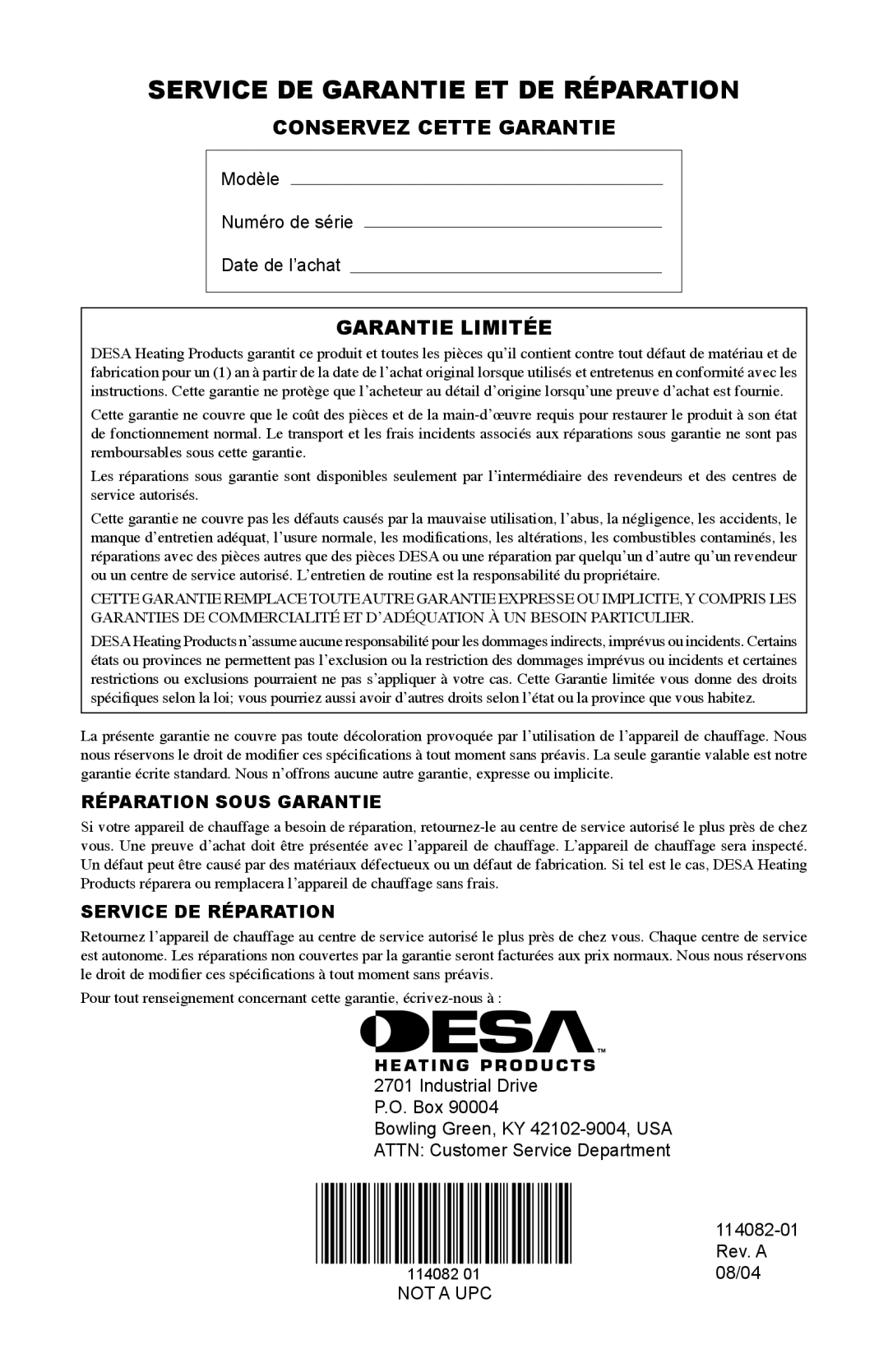 Desa SPC-21PHTSA owner manual Service DE Garantie ET DE Réparation, Conservez Cette Garantie, Garantie Limitée 