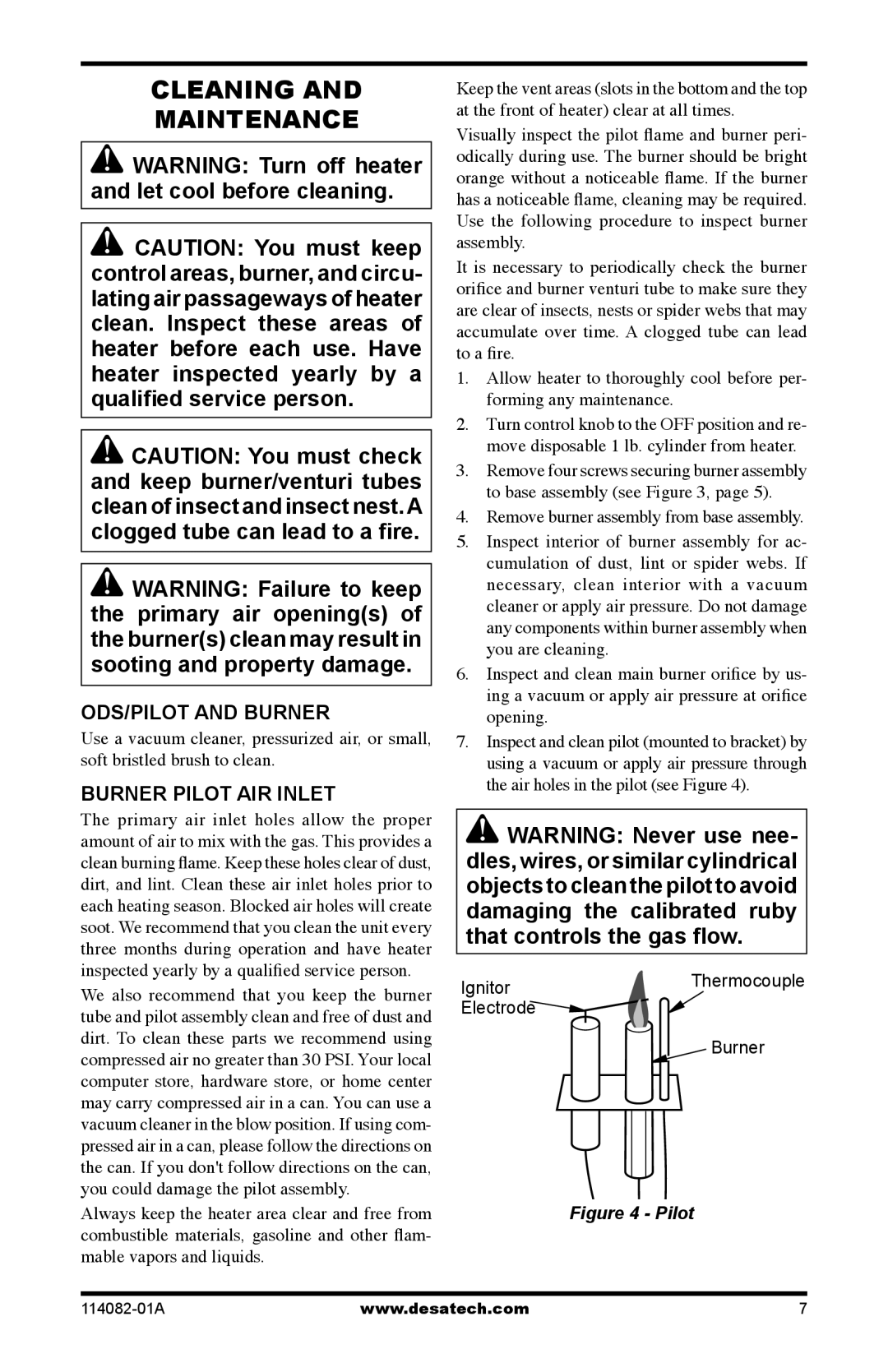 Desa SPC-21PHTSA owner manual Cleaning Maintenance, ODS/PILOT and Burner, Burner Pilot AIR Inlet 