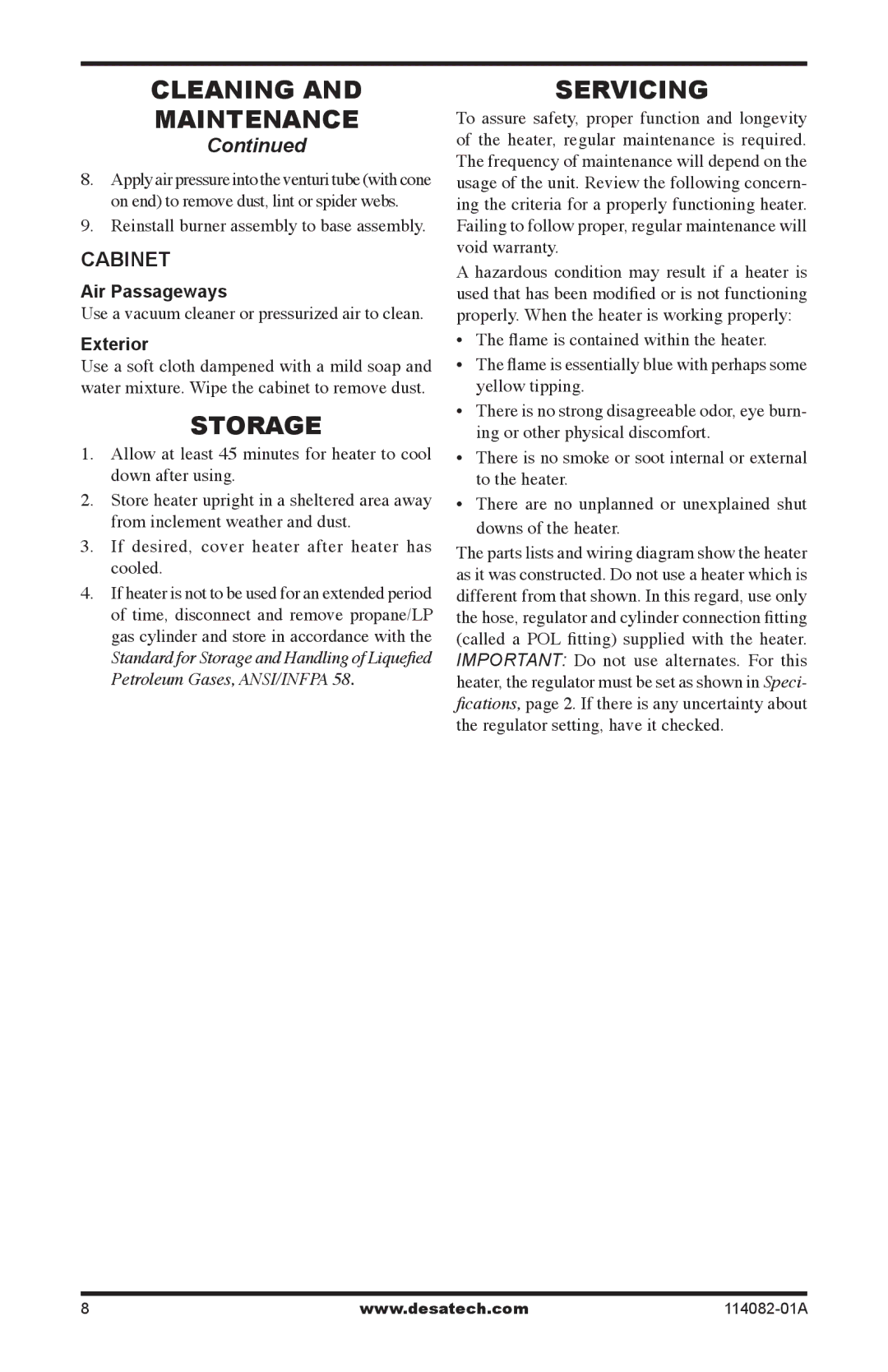 Desa SPC-21PHTSA owner manual Storage, Servicing, Cabinet, Reinstall burner assembly to base assembly 