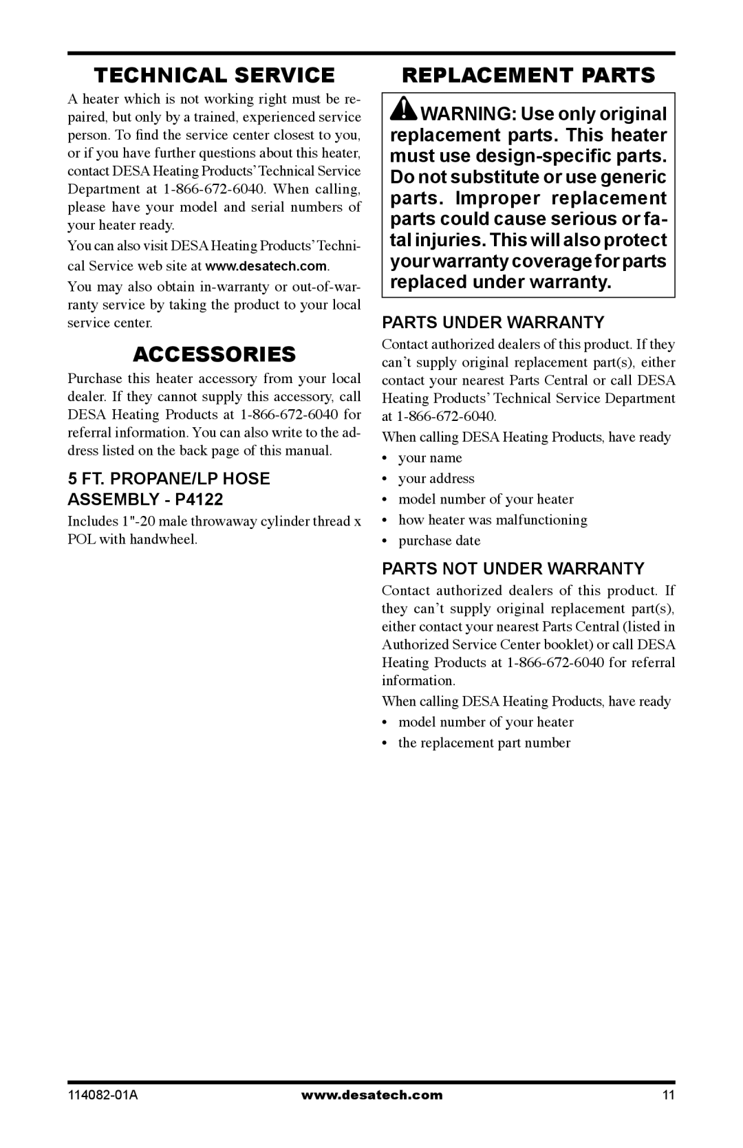 Desa SPC-21PHTSA owner manual Technical Service, Accessories, Replacement Parts, 5 FT. PROPANE/LP HOSE ASSEMBLY - P4122 