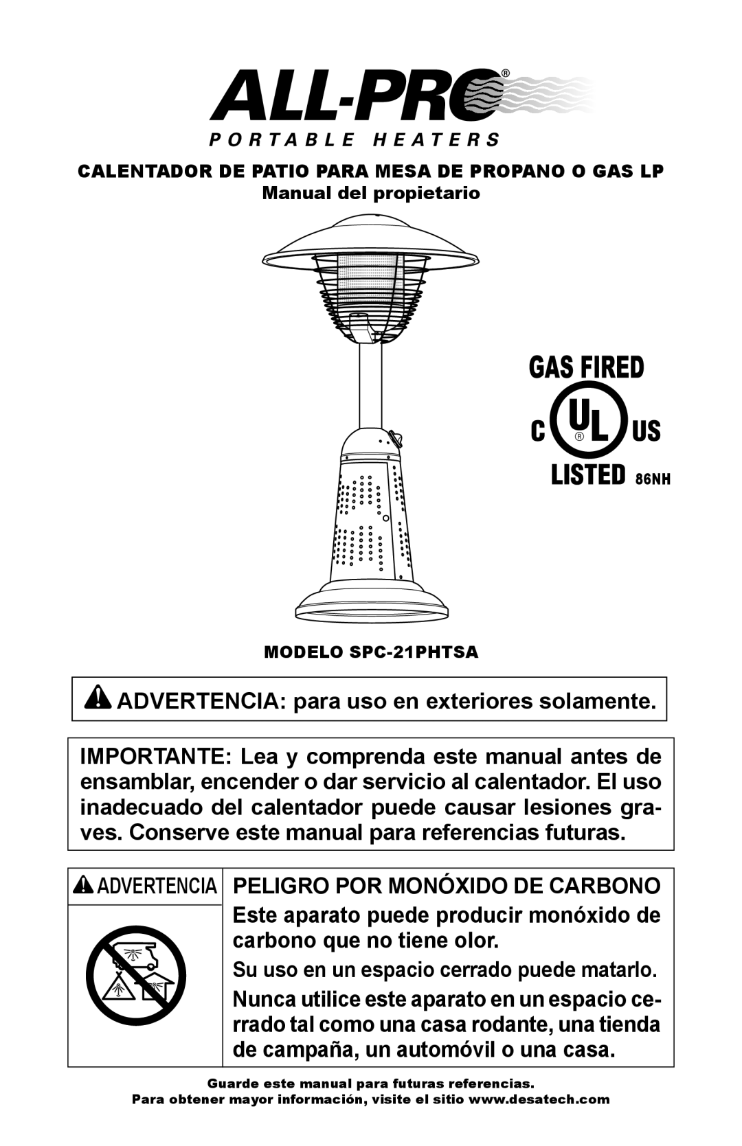 Desa SPC-21PHTSA owner manual ADVERTENCIA para uso en exteriores solamente, Advertencia Peligro Por Monóxido De Carbono 
