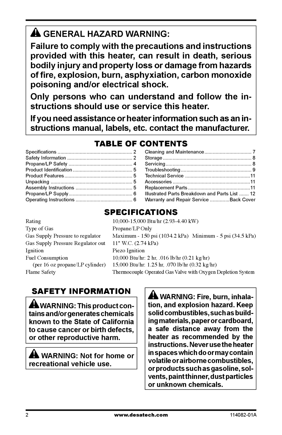 Desa SPC-21PHTSA owner manual General Hazard Warning 
