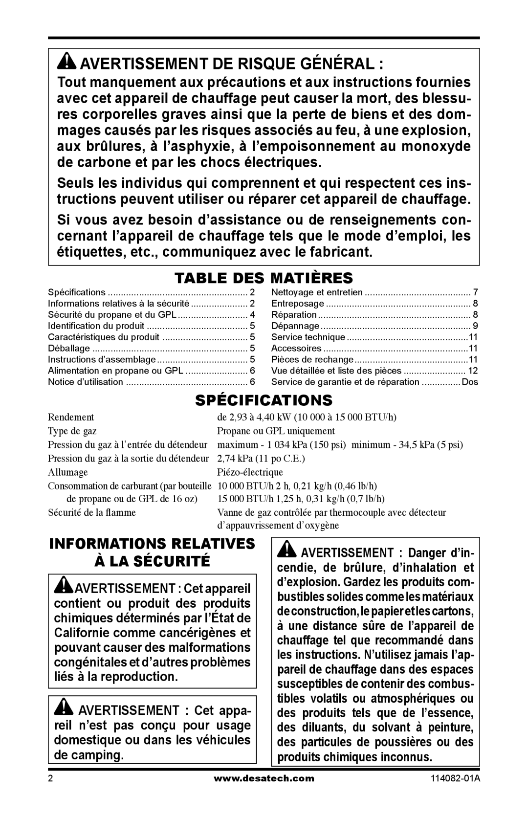 Desa SPC-21PHTSA owner manual Avertissement De Risque Général, Table Des Matières, Spécifications, À La Sécurité 