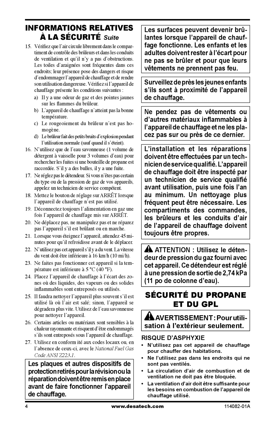 Desa SPC-21PHTSA owner manual À LA SÉCURITÉ Suite, Sécurité Du Propane Et Du Gpl, Informations Relatives, Risque D’Asphyxie 