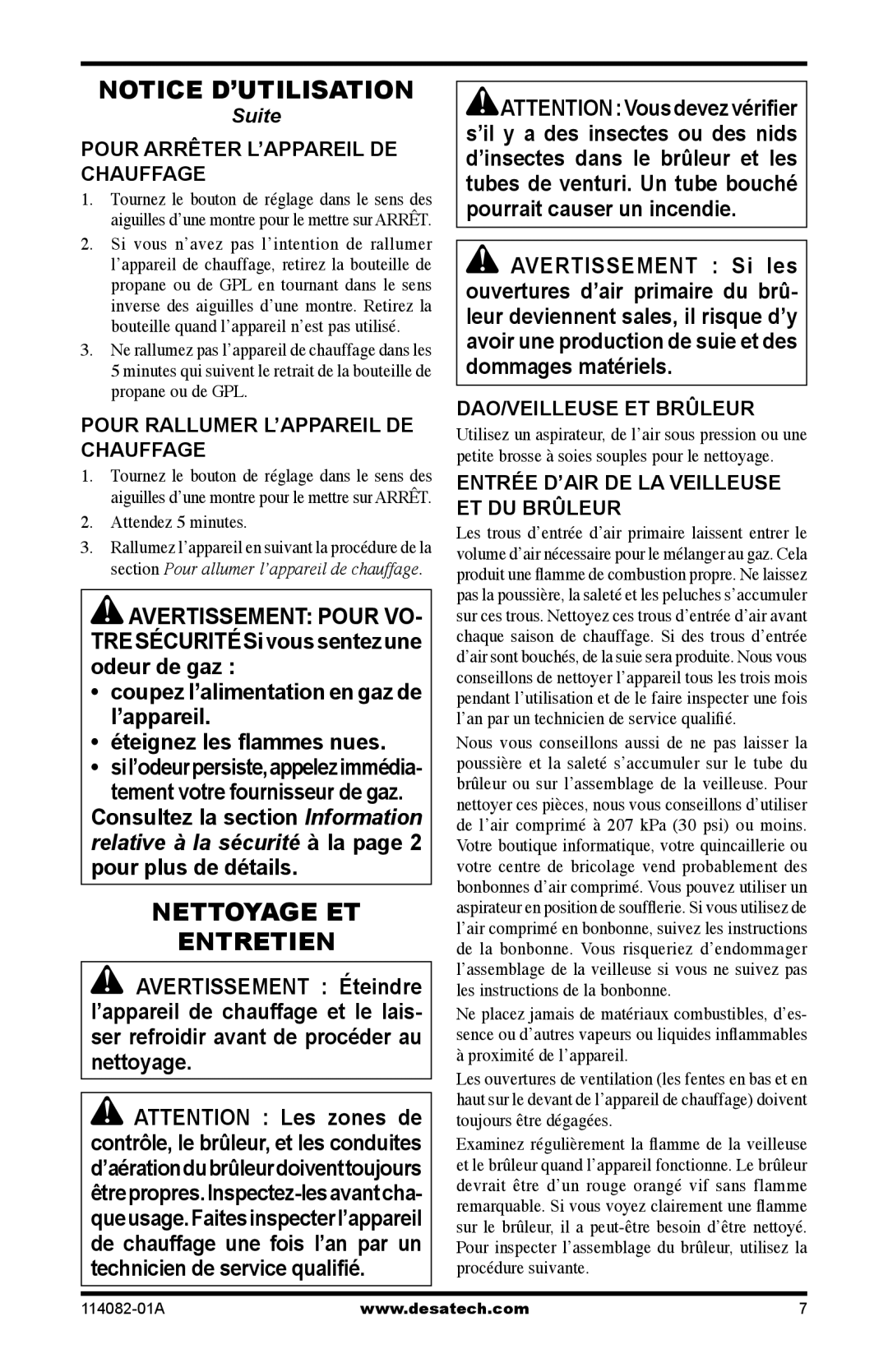 Desa SPC-21PHTSA owner manual Notice D’Utilisation, Nettoyage Et Entretien, Suite, Pour Arrêter L’Appareil De Chauffage 