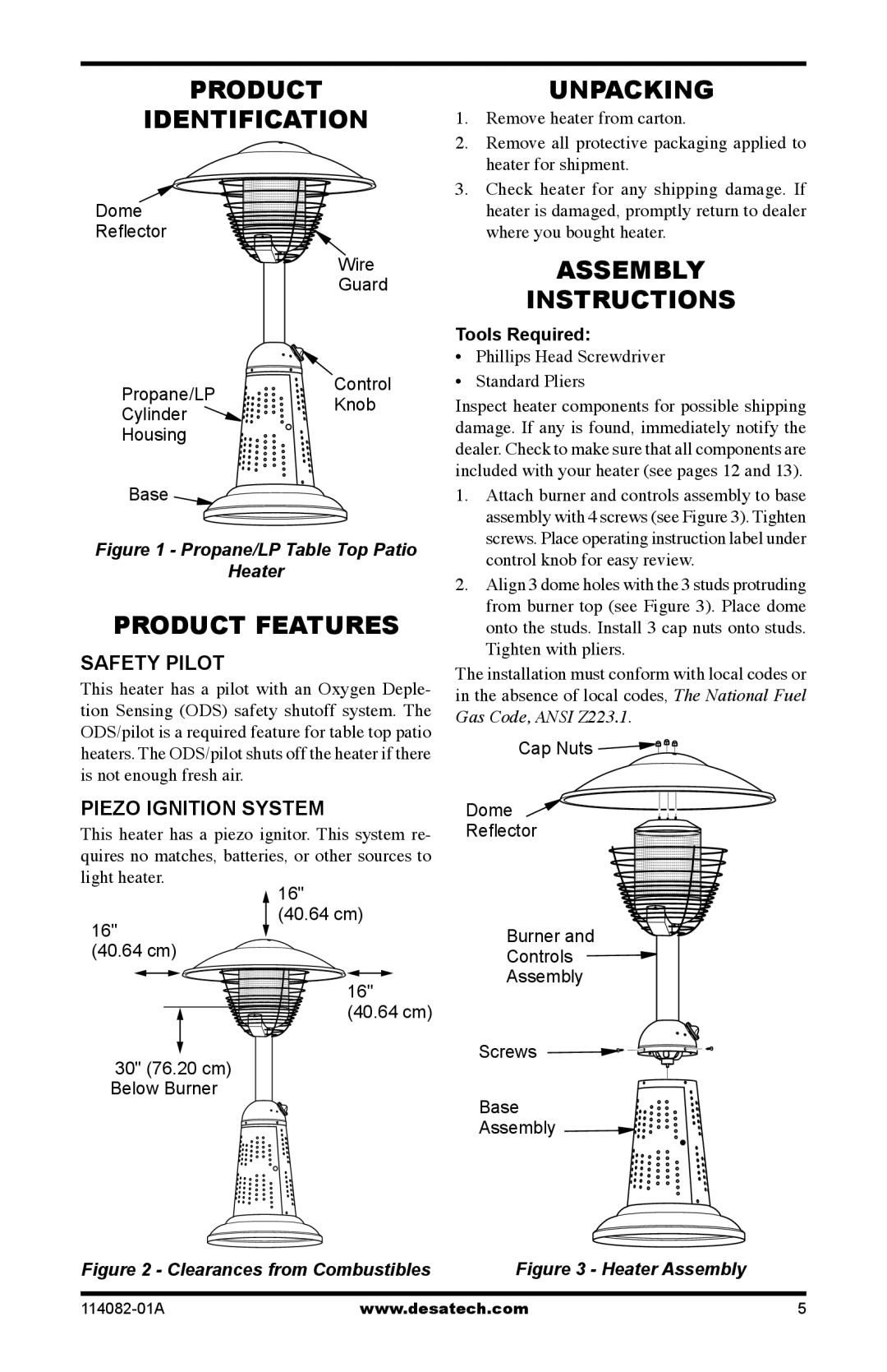 Desa SPC-21PHTSA Product Identification, Product Features, Unpacking, Assembly Instructions, Safety Pilot, Tools Required 