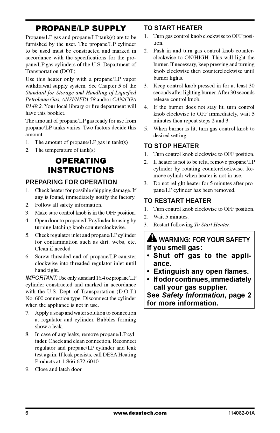 Desa SPC-21PHTSA Propane/Lp Supply, Operating Instructions, WARNING FOR YOUR SAFETY If you smell gas, To Start Heater 