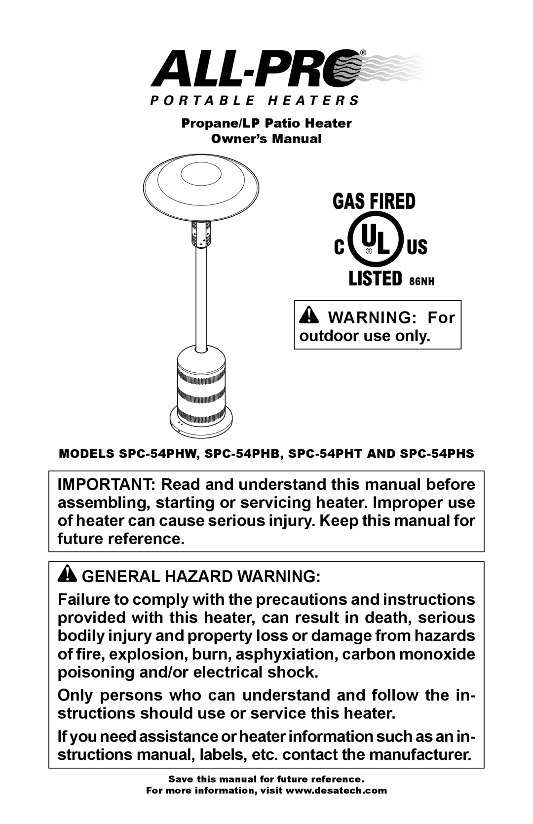 Desa owner manual General Hazard Warning, Models SPC-54PHW, SPC-54PHB, SPC-54PHT and SPC-54PHS 