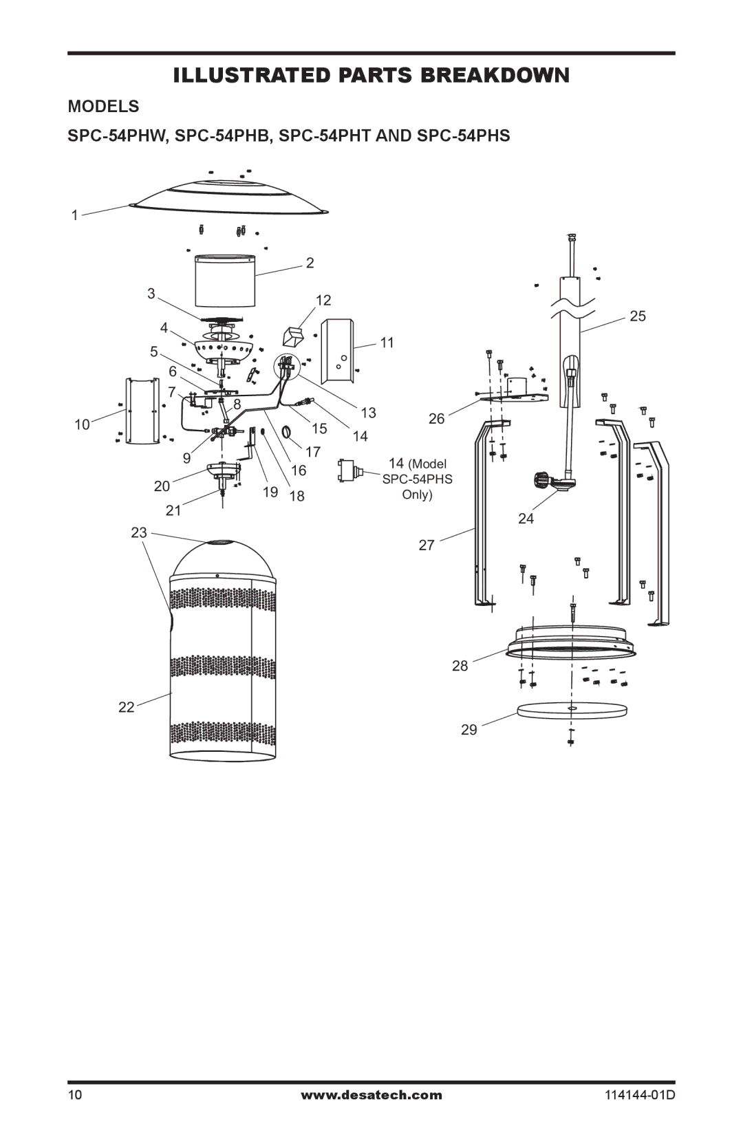 Desa owner manual Illustrated Parts Breakdown, Models SPC-54PHW, SPC-54PHB, SPC-54PHT and SPC-54PHS 