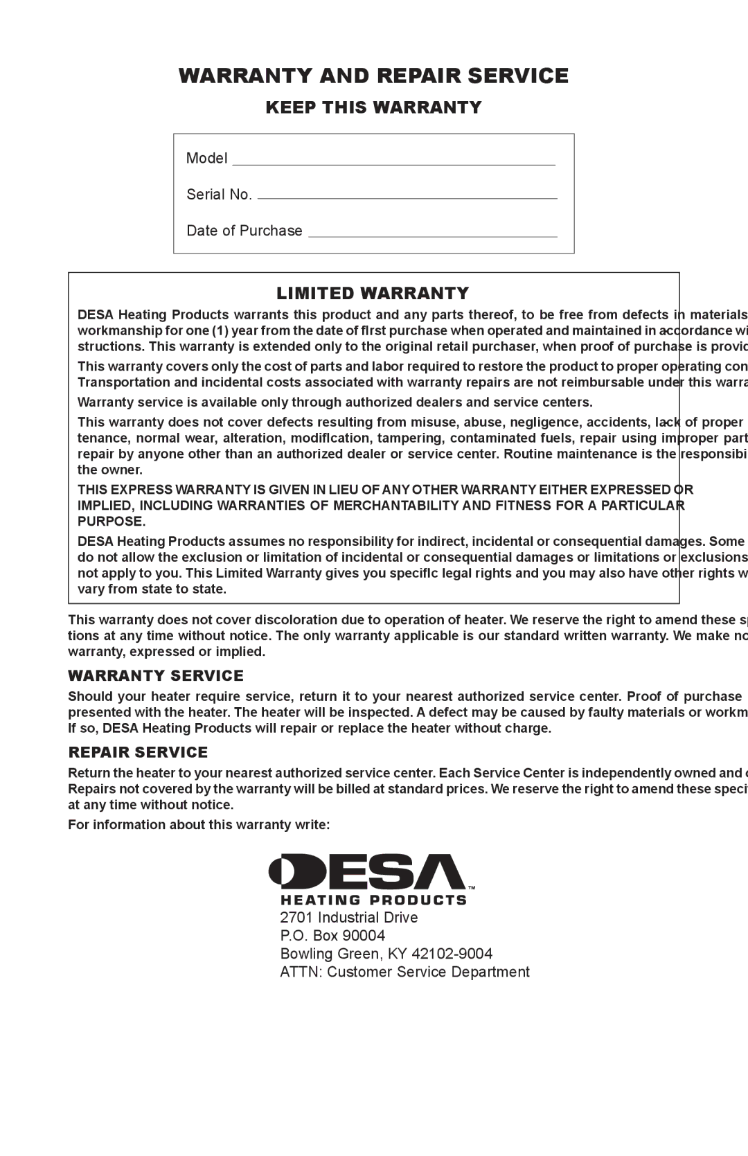 Desa SPC-54PHS, SPC-54PHT, SPC-54PHB owner manual Warranty and Repair Service, Keep this Warranty, Limited Warranty 