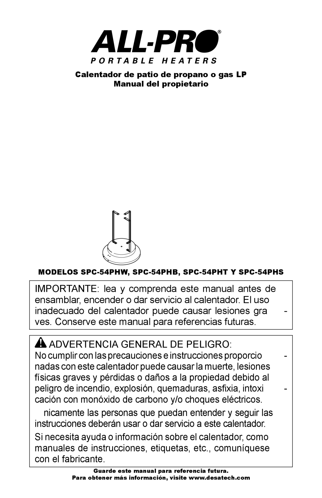 Desa owner manual Advertencia General DE Peligro, Modelos SPC-54PHW, SPC-54PHB, SPC-54PHT Y SPC-54PHS 