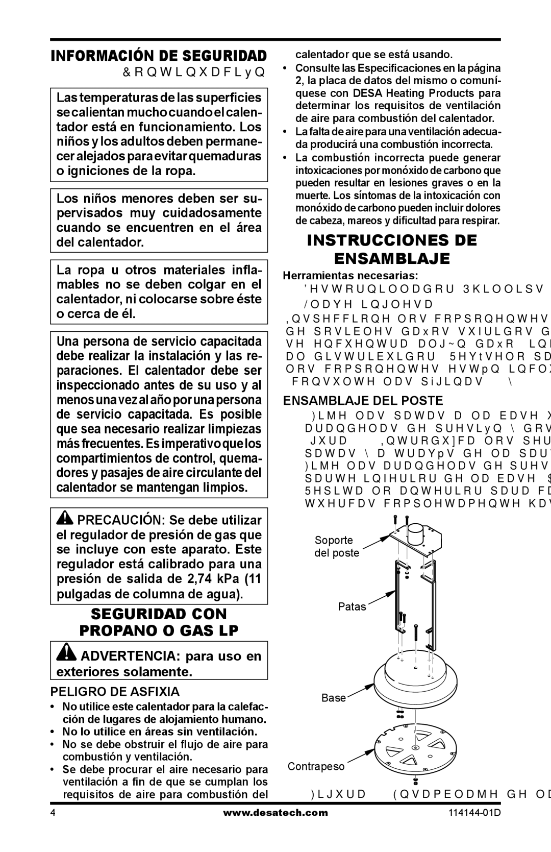 Desa SPC-54PHT Instrucciones DE Ensamblaje, Seguridad CON Propano O GAS LP, Peligro DE Asfixia, Ensamblaje DEL Poste 