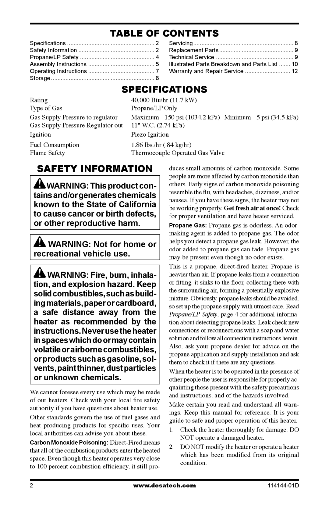 Desa SPC-54PHB, SPC-54PHS, SPC-54PHT owner manual Table of Contents, Specifications, Safety Information 