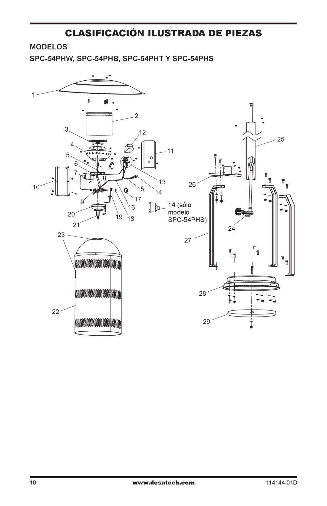 Desa owner manual Clasificación Ilustrada DE Piezas, Modelos SPC-54PHW, SPC-54PHB, SPC-54PHT Y SPC-54PHS 