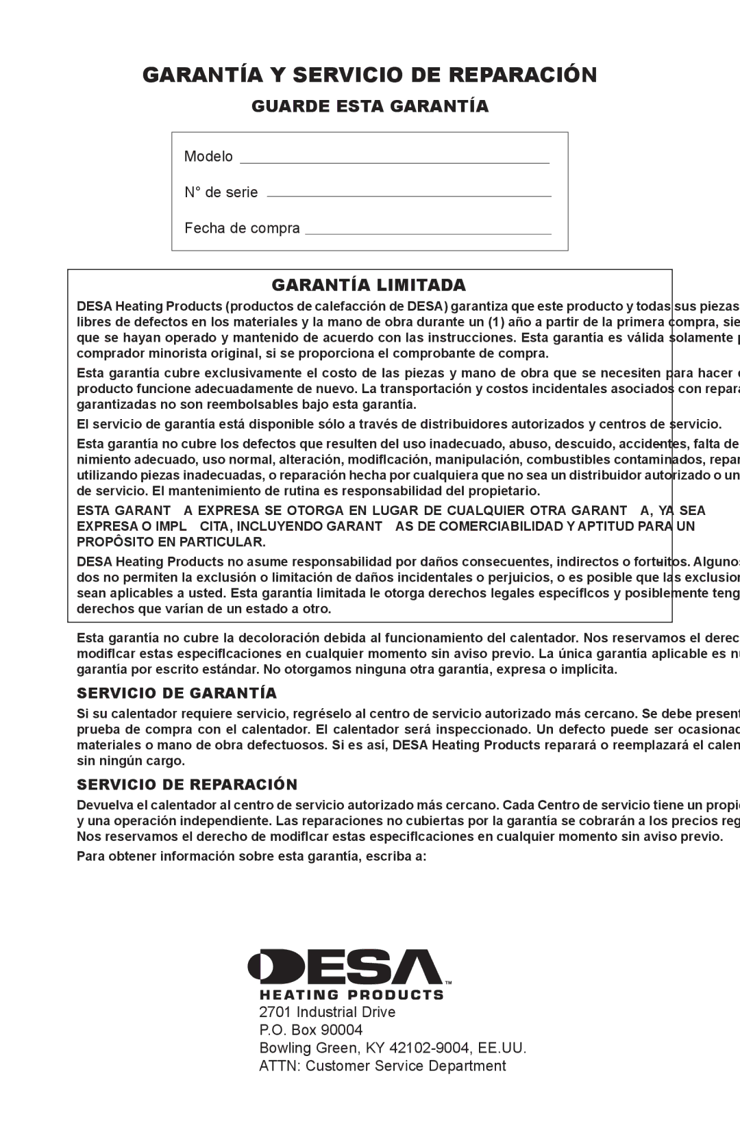 Desa SPC-54PHS, SPC-54PHT, SPC-54PHB owner manual Garantía Y Servicio DE Reparación, Guarde Esta Garantía, Garantía Limitada 