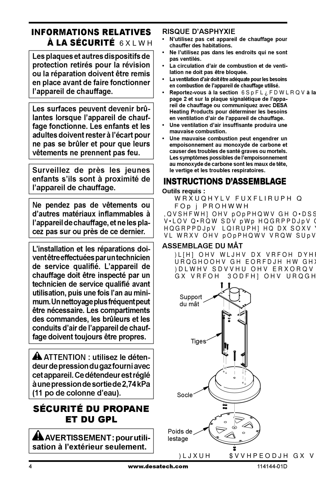 Desa SPC-54PHT, SPC-54PHS Sécurité DU Propane ET DU GPL, Instructions D’ASSEMBLAGE, Risque D’ASPHYXIE, Assemblage DU MÂT 