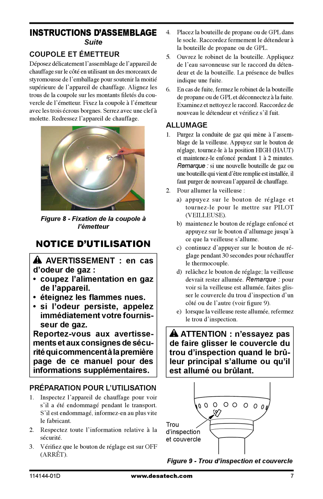 Desa SPC-54PHT, SPC-54PHS, SPC-54PHB owner manual Coupole ET Émetteur, Préparation Pour L’UTILISATION, Allumage 