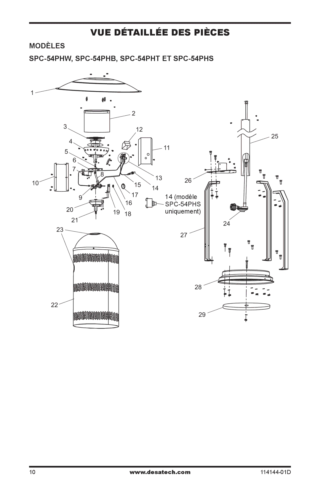 Desa owner manual VUE Détaillée DES Pièces, Modèles SPC-54PHW, SPC-54PHB, SPC-54PHT ET SPC-54PHS 