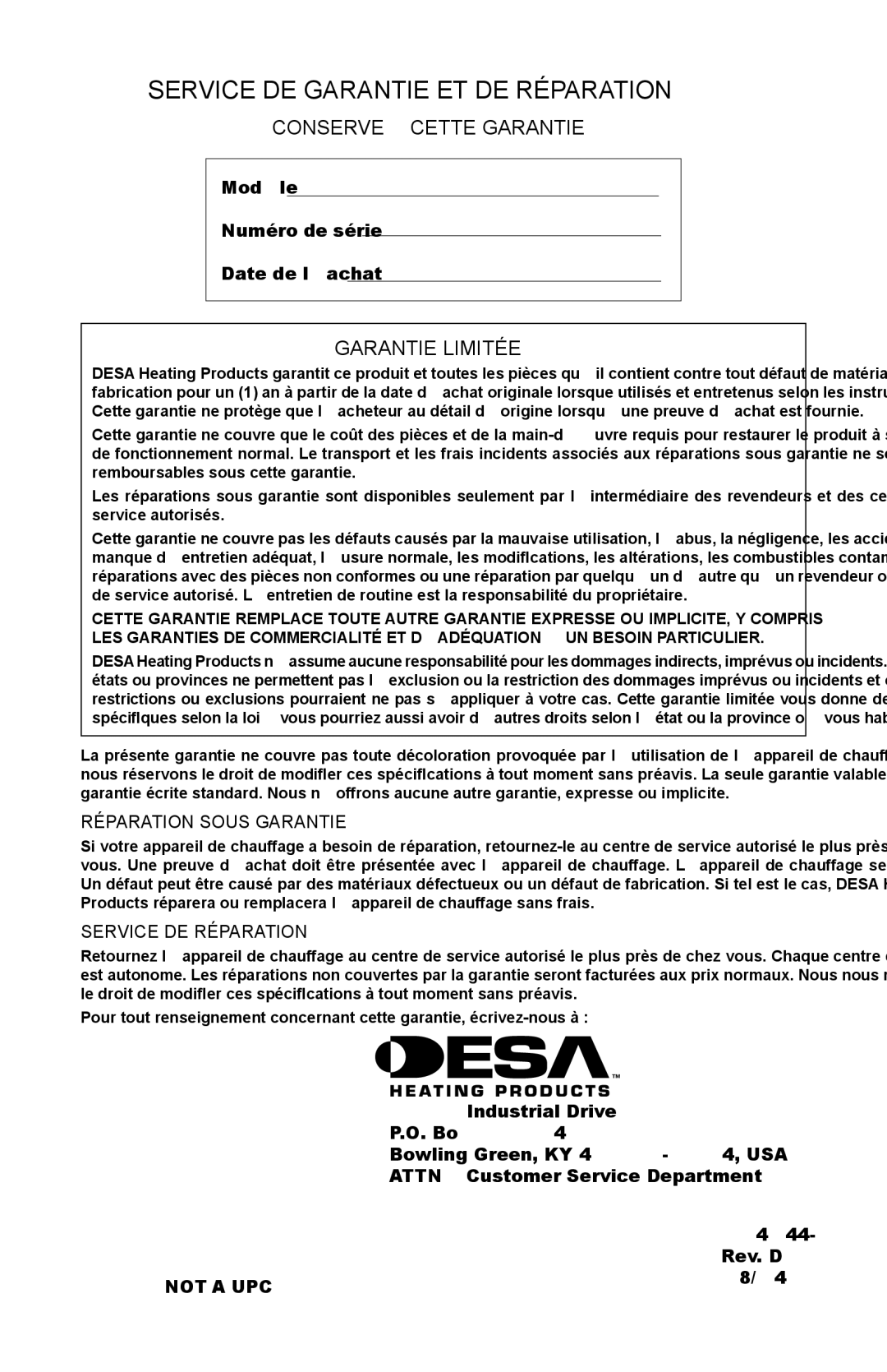 Desa SPC-54PHS, SPC-54PHT, SPC-54PHB Service DE Garantie ET DE Réparation, Conservez Cette Garantie, Garantie Limitée 