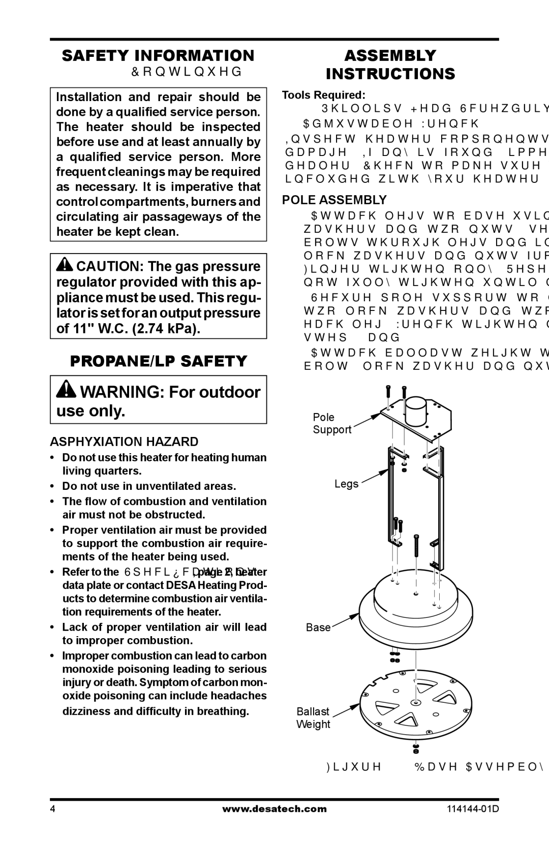 Desa SPC-54PHT, SPC-54PHS, SPC-54PHB PROPANE/LP Safety, Assembly Instructions, Asphyxiation Hazard, Pole Assembly 