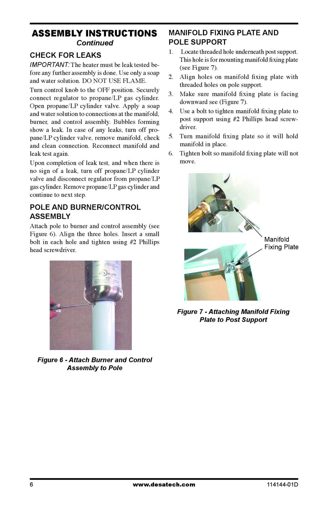 Desa SPC-54PHS, SPC-54PHT Check for Leaks, Pole and BURNER/CONTROL Assembly, Manifold Fixing Plate and Pole Support 