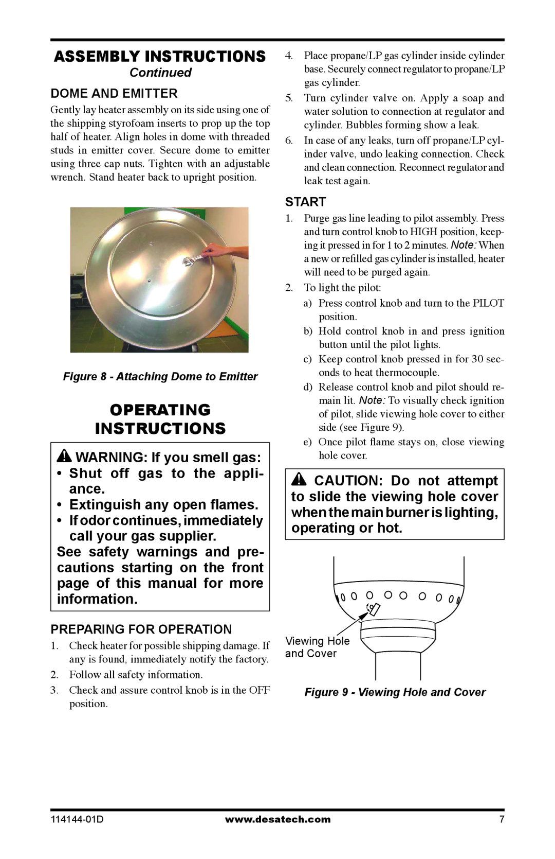 Desa SPC-54PHT, SPC-54PHS, SPC-54PHB owner manual Operating Instructions, Dome and Emitter, Preparing for Operation, Start 