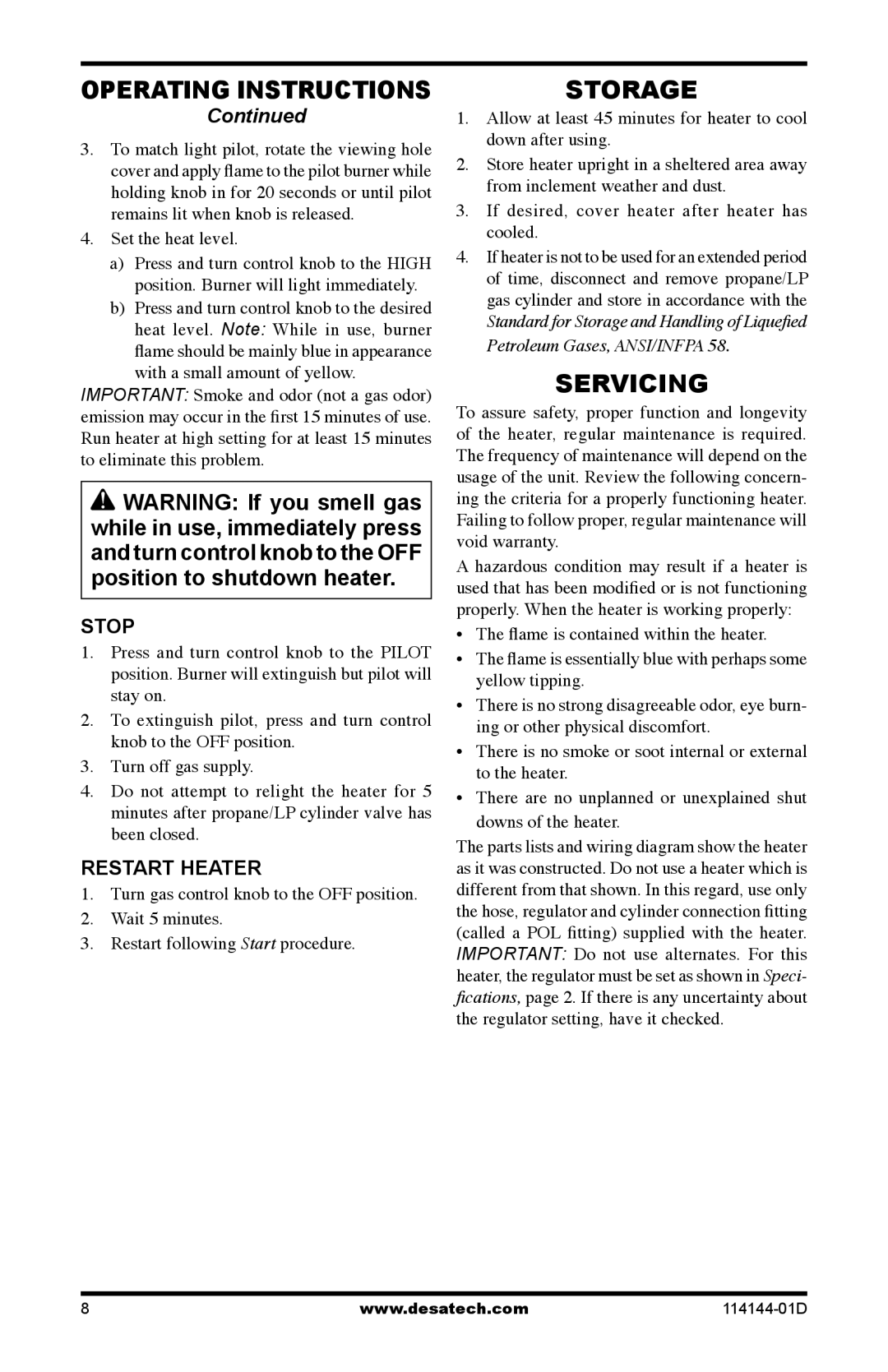 Desa SPC-54PHB, SPC-54PHS, SPC-54PHT owner manual Storage, Servicing, Operating Instructions, Stop, Restart Heater 