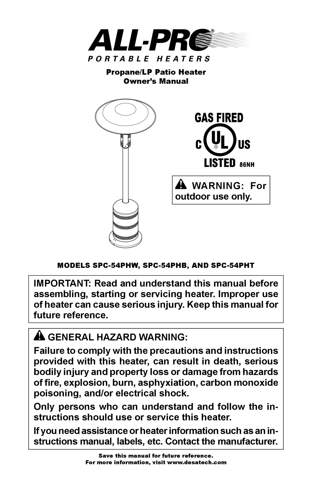 Desa SPC-54PHW, SPC-54PHB, SPC-54PHT owner manual General Hazard Warning, Models SPC-54PHW, SPC-54PHB, and SPC-54PHT 