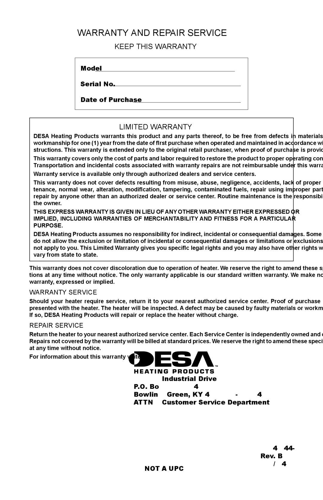 Desa AND SPC-54PHT, SPC-54PHW, SPC-54PHB, SPC-54PHT Warranty and Repair Service, Keep this Warranty, Limited Warranty 