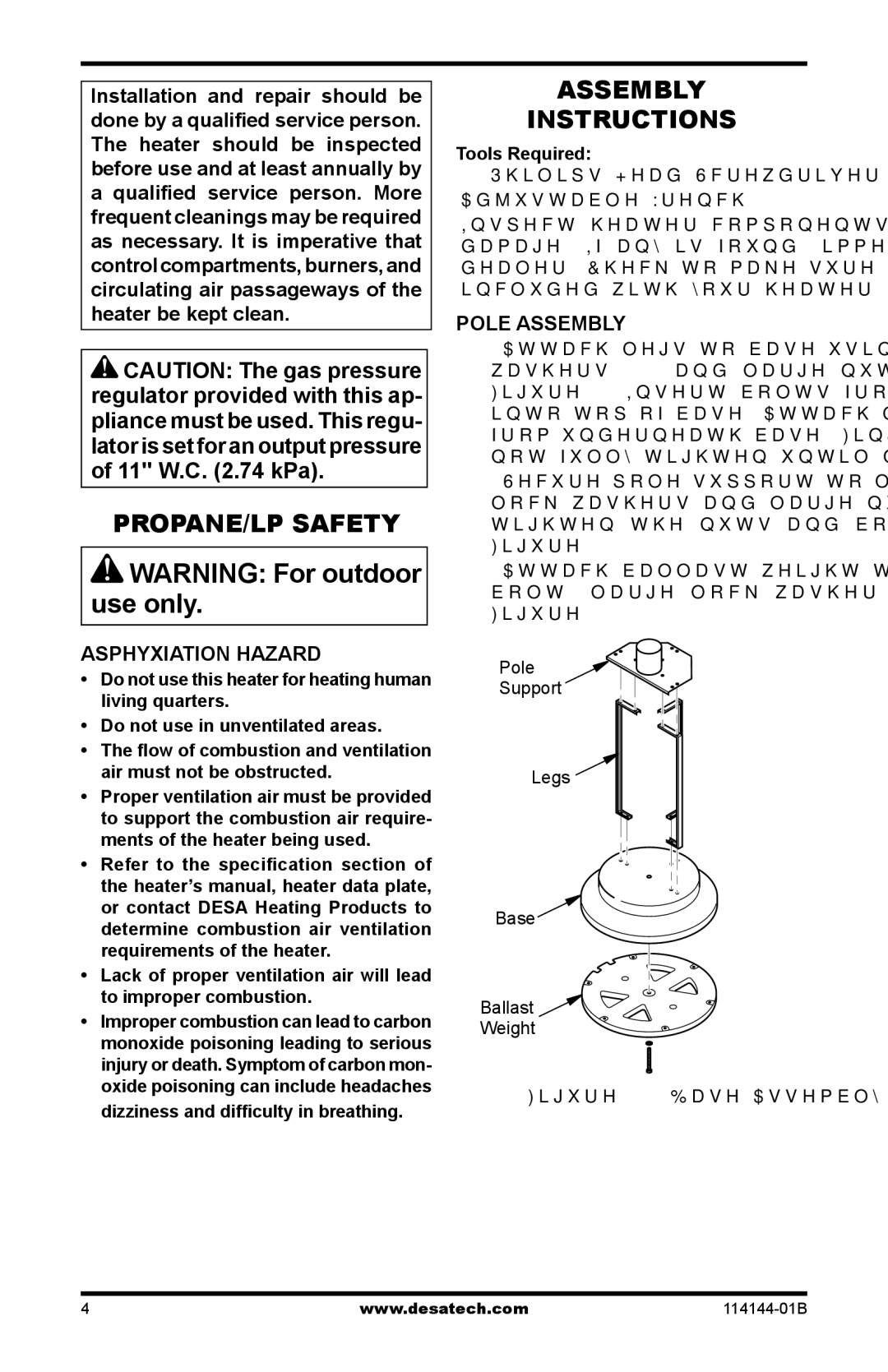 Desa AND SPC-54PHT PROPANE/LP Safety, Assembly Instructions, Asphyxiation Hazard, Pole Assembly, Adjustable Wrench 