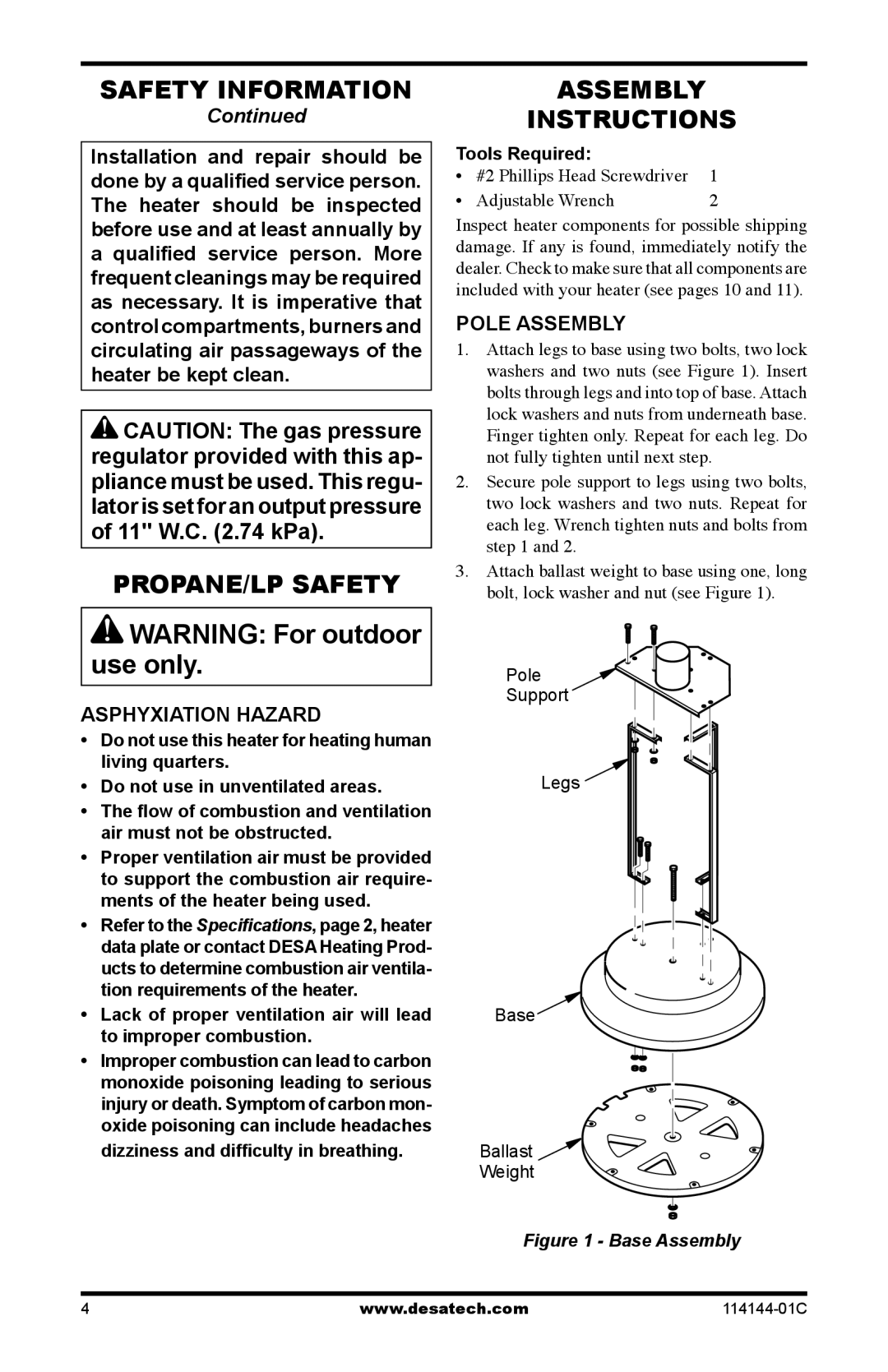 Desa SPC-54PHW, SPC-54PHB, SPC-54PHT, SPC-54PHS owner manual PROPANE/LP Safety, Assembly Instructions, Asphyxiation Hazard 