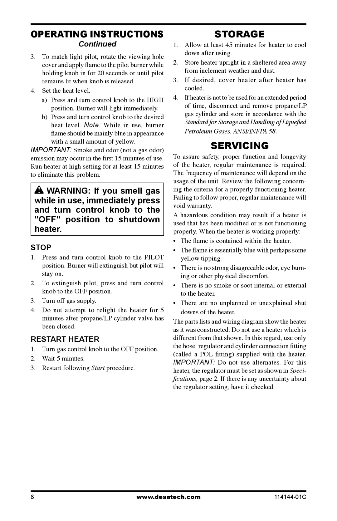 Desa SPC-54PHW, SPC-54PHB, SPC-54PHT, SPC-54PHS owner manual Storage, Servicing, Stop, Restart Heater, Set the heat level 