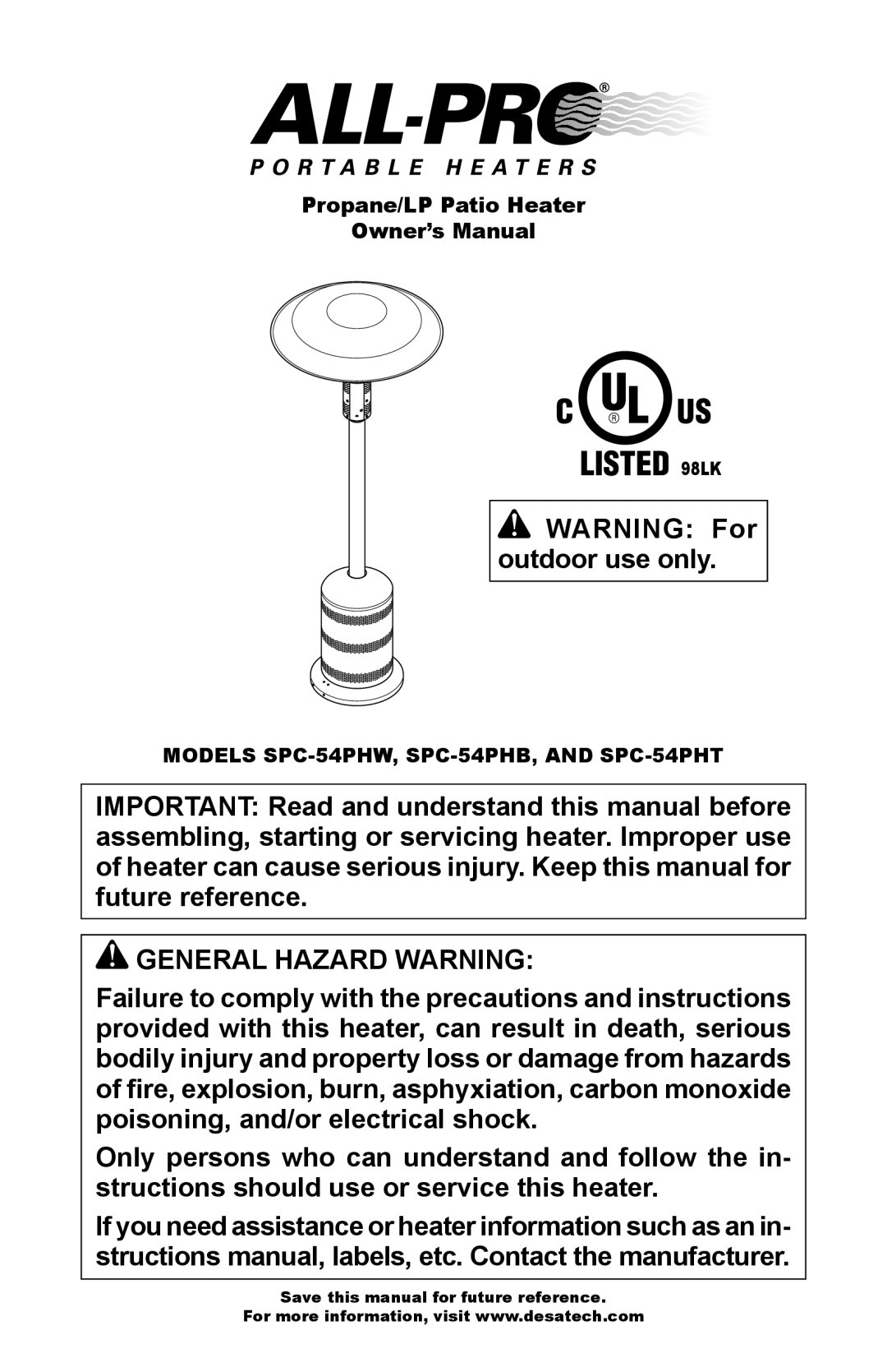 Desa owner manual General Hazard Warning, Models SPC-54PHW, SPC-54PHB, and SPC-54PHT 