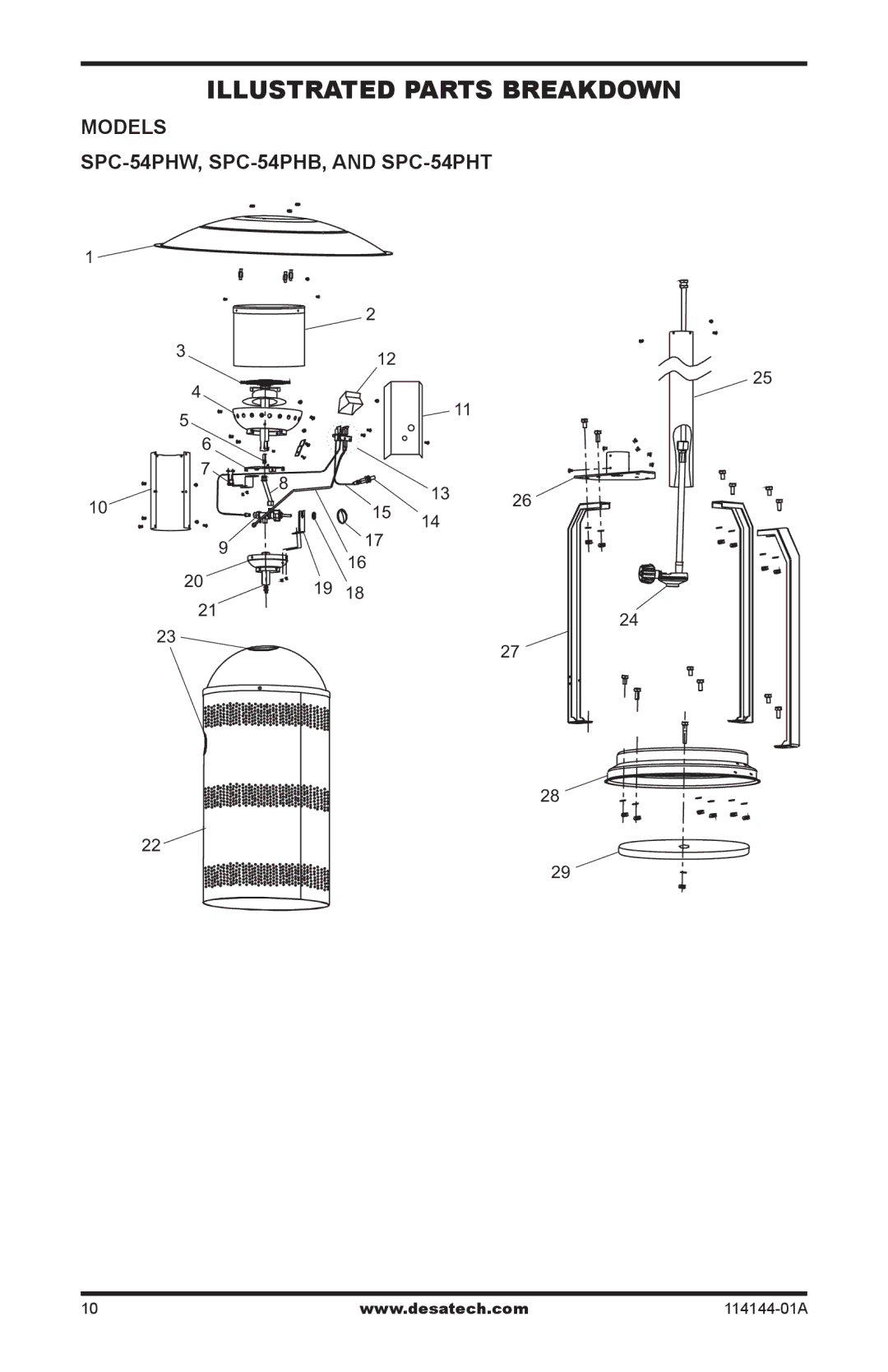 Desa owner manual Illustrated Parts Breakdown, Models SPC-54PHW, SPC-54PHB, and SPC-54PHT 