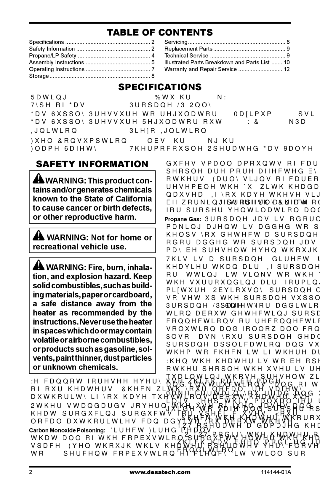 Desa SPC-54PHW owner manual Table of Contents, Specifications, Safety Information 