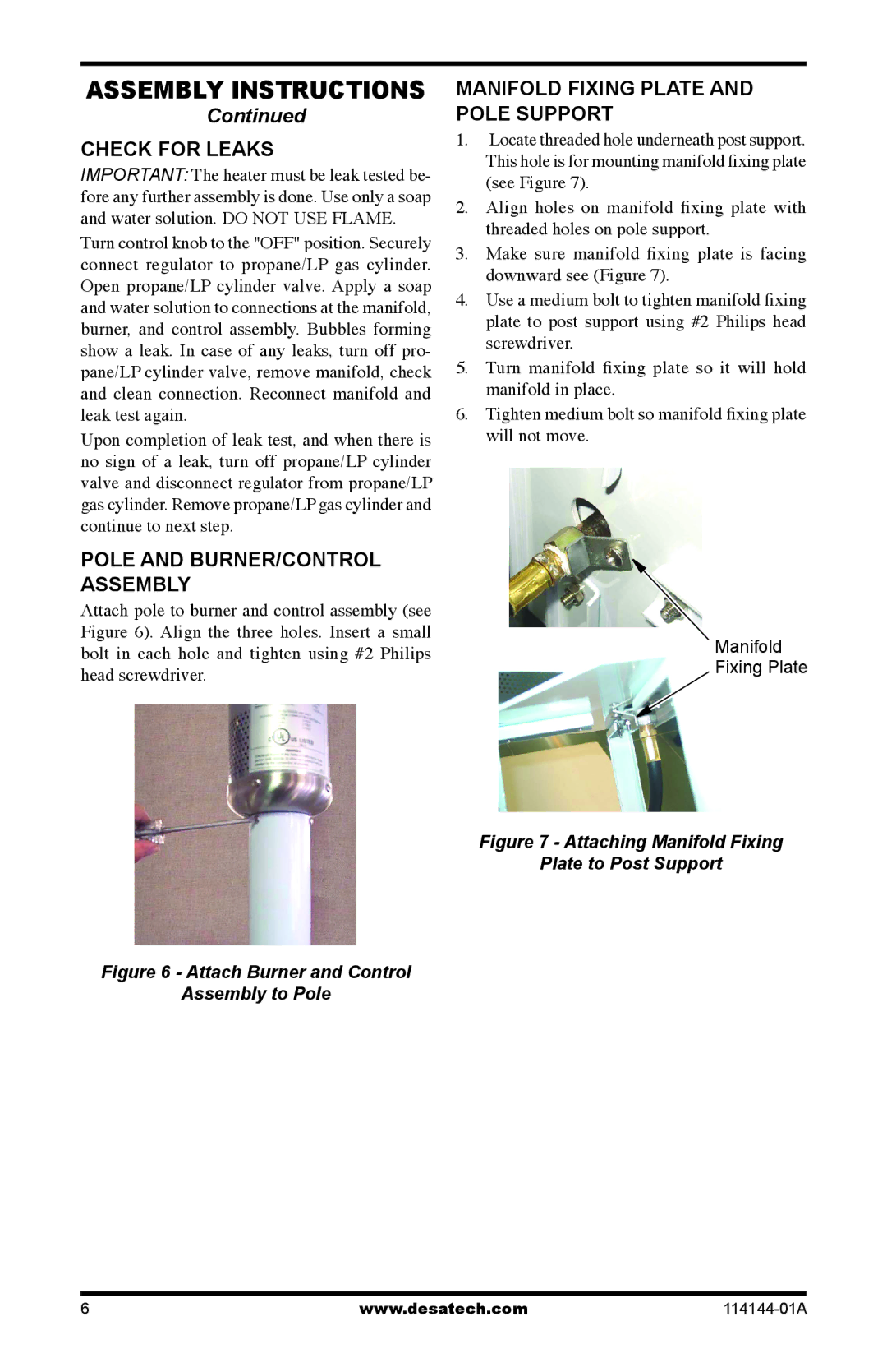 Desa SPC-54PHW owner manual Check for Leaks, Pole and BURNER/CONTROL Assembly, Manifold Fixing Plate and Pole Support 