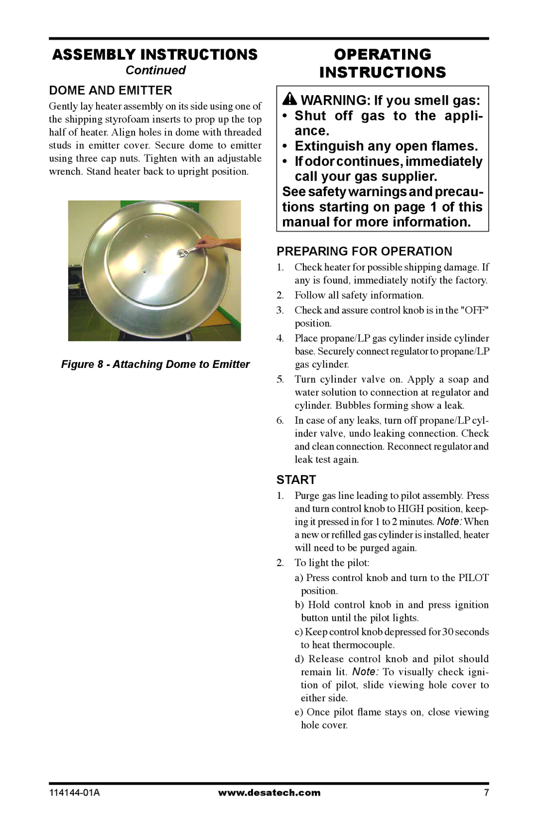 Desa SPC-54PHW owner manual Operating Instructions, Dome and Emitter, Preparing for Operation, Start 