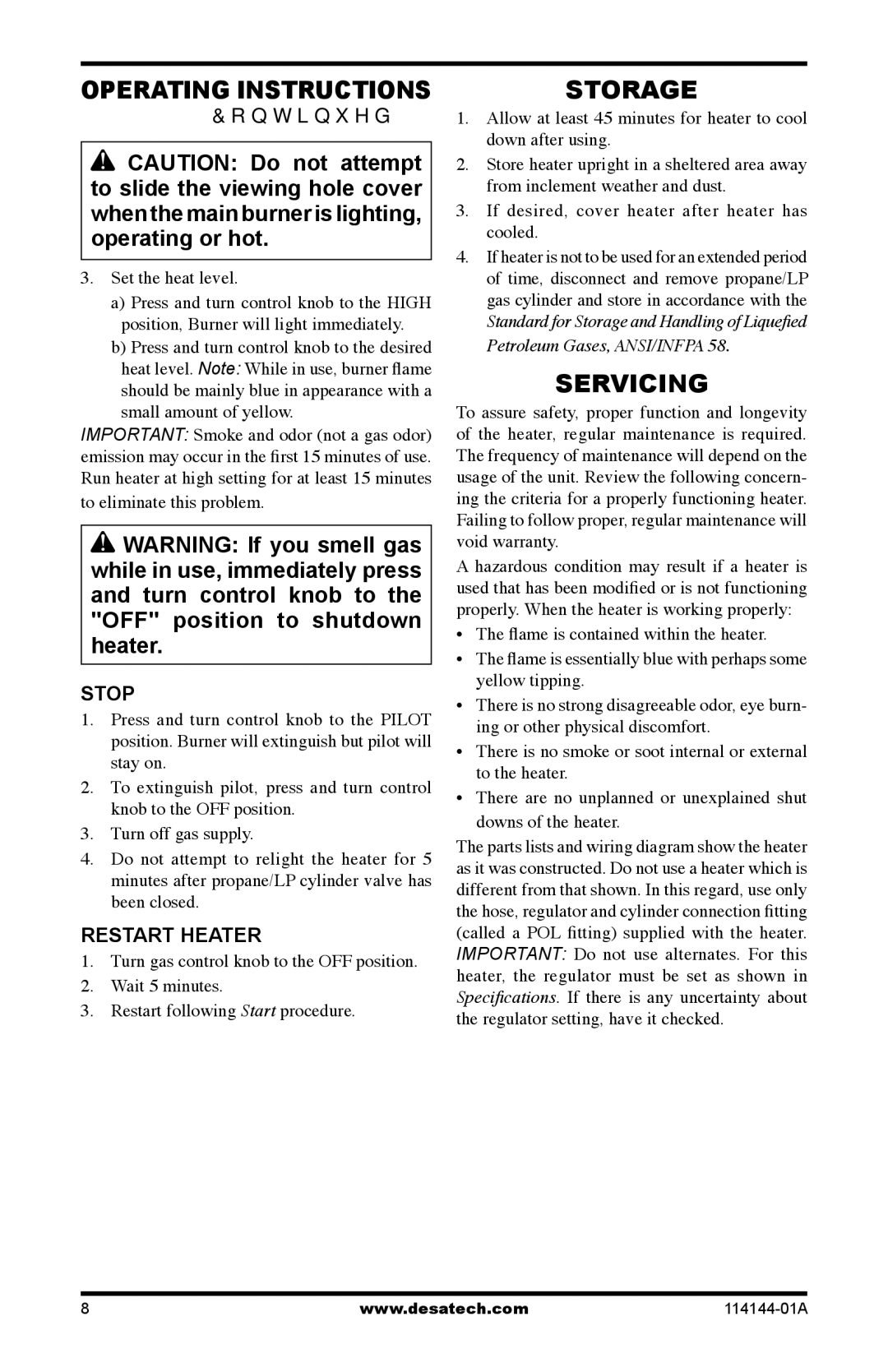 Desa SPC-54PHW owner manual Storage, Servicing, Stop, Restart Heater, Set the heat level 