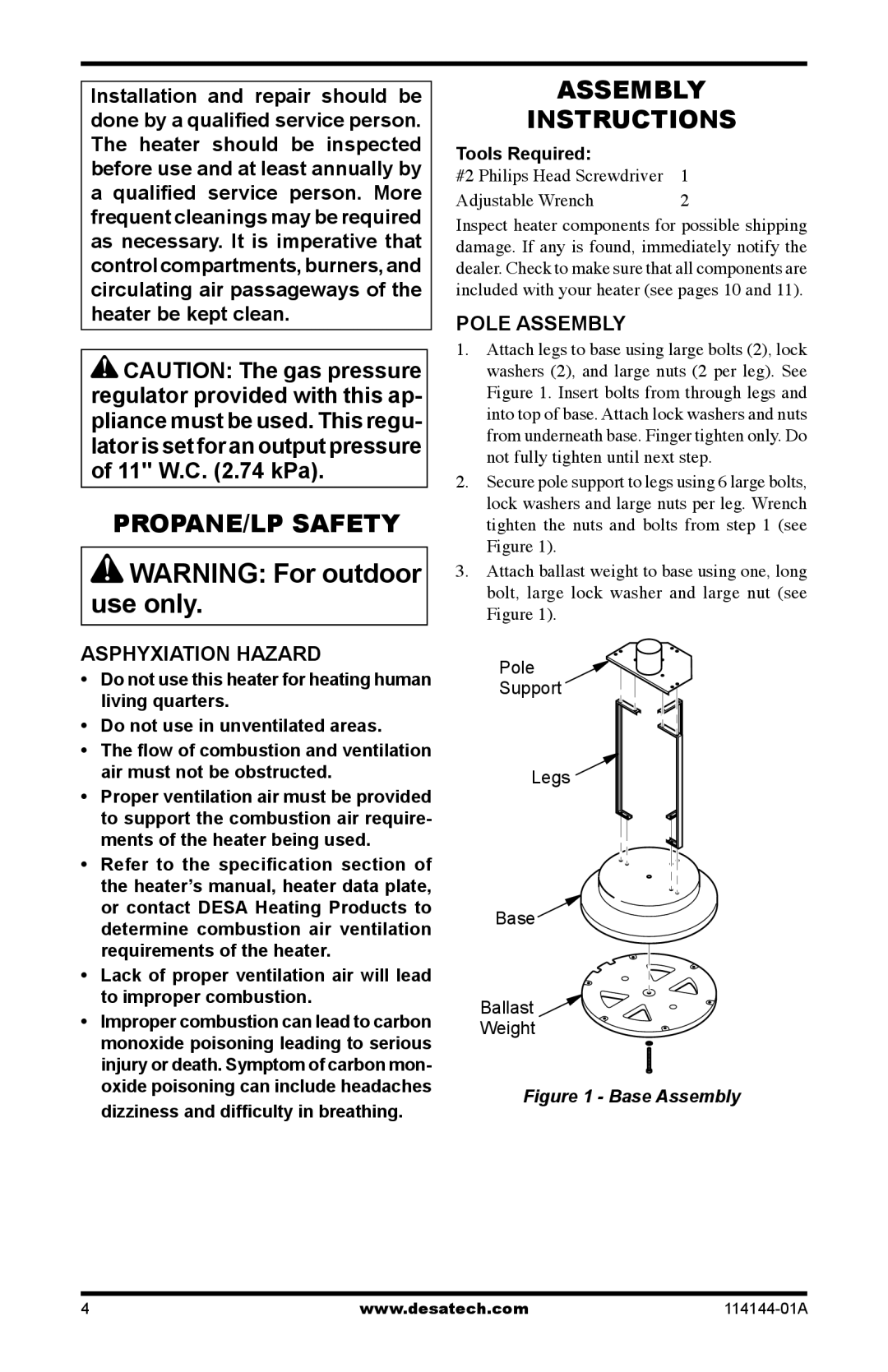 Desa SPC-54PHW owner manual Propane/Lp Safety, Assembly Instructions, Asphyxiation Hazard, Pole Assembly, Base Assembly 
