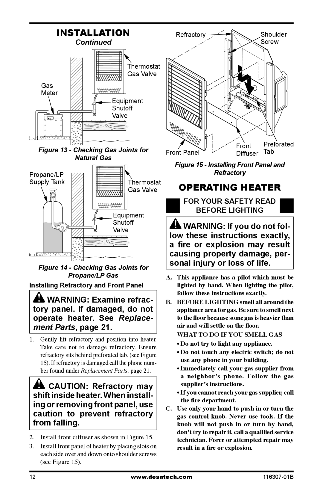 Desa VSF20NT, SPC20PT, SF30PT Operating Heater, For Your Safety Read Before Lighting, Installing Refractory and Front Panel 