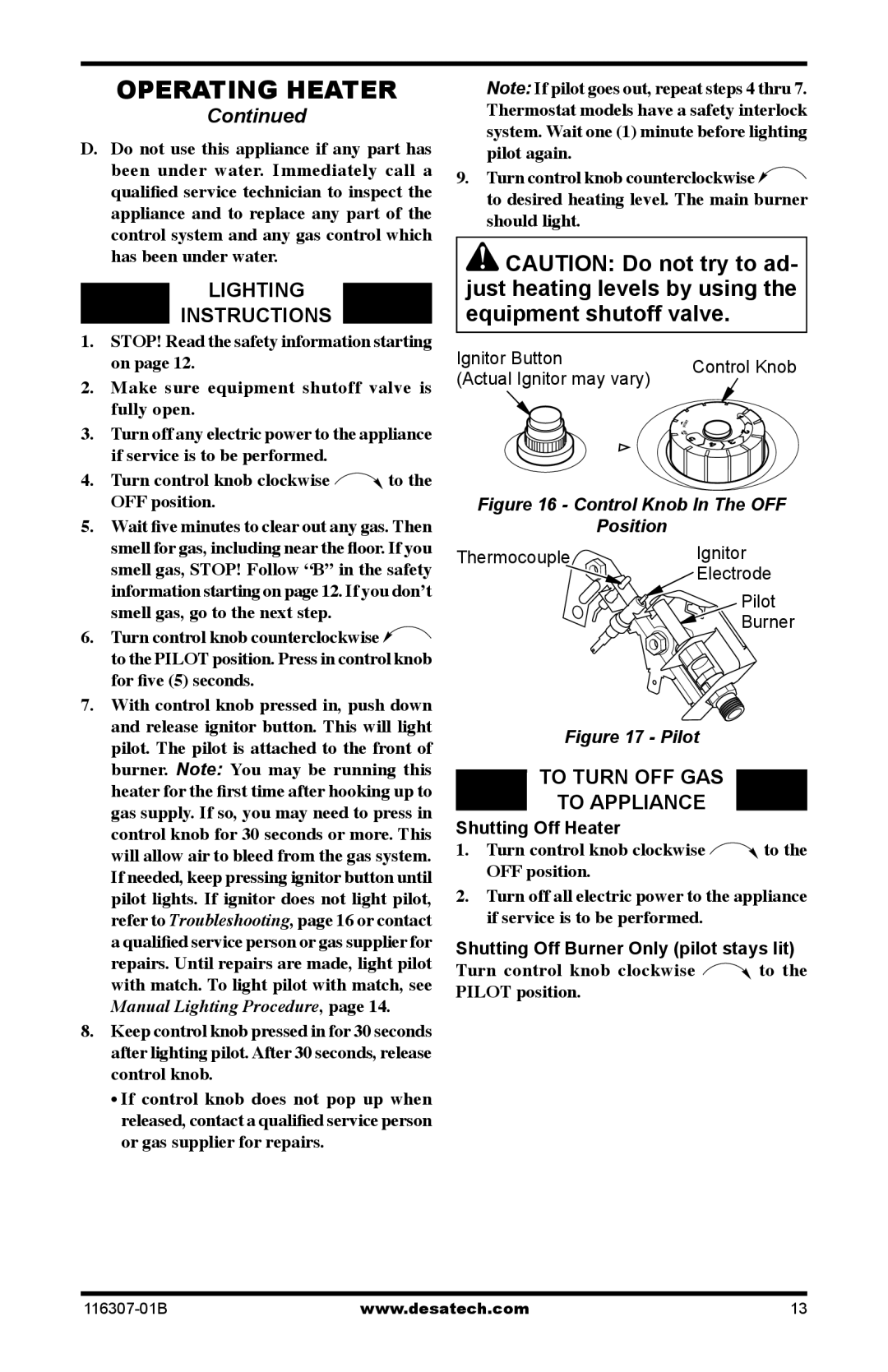 Desa REM20NT, SPC20PT, SPC20NT, LSF30NT, LSF20NT Lighting Instructions, Turn control knob clockwise to the OFF position 