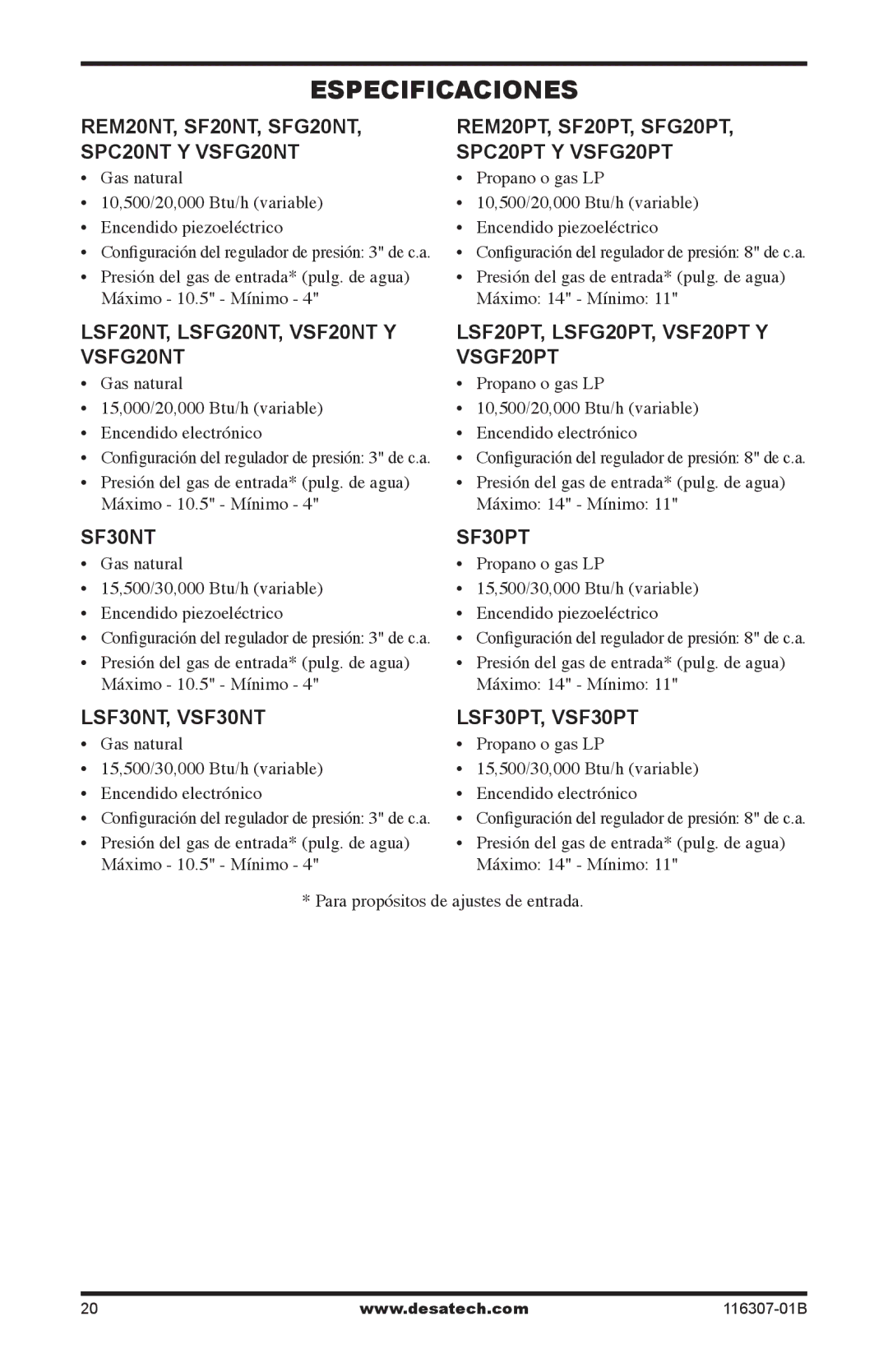 Desa LSF20PT, SPC20PT, SPC20NT, LSF20NT, LSFG20PT, LSF30PT, SFG20NT, VSF20NT, REM20NT Especificaciones, LSF30NT, VSF30NT 