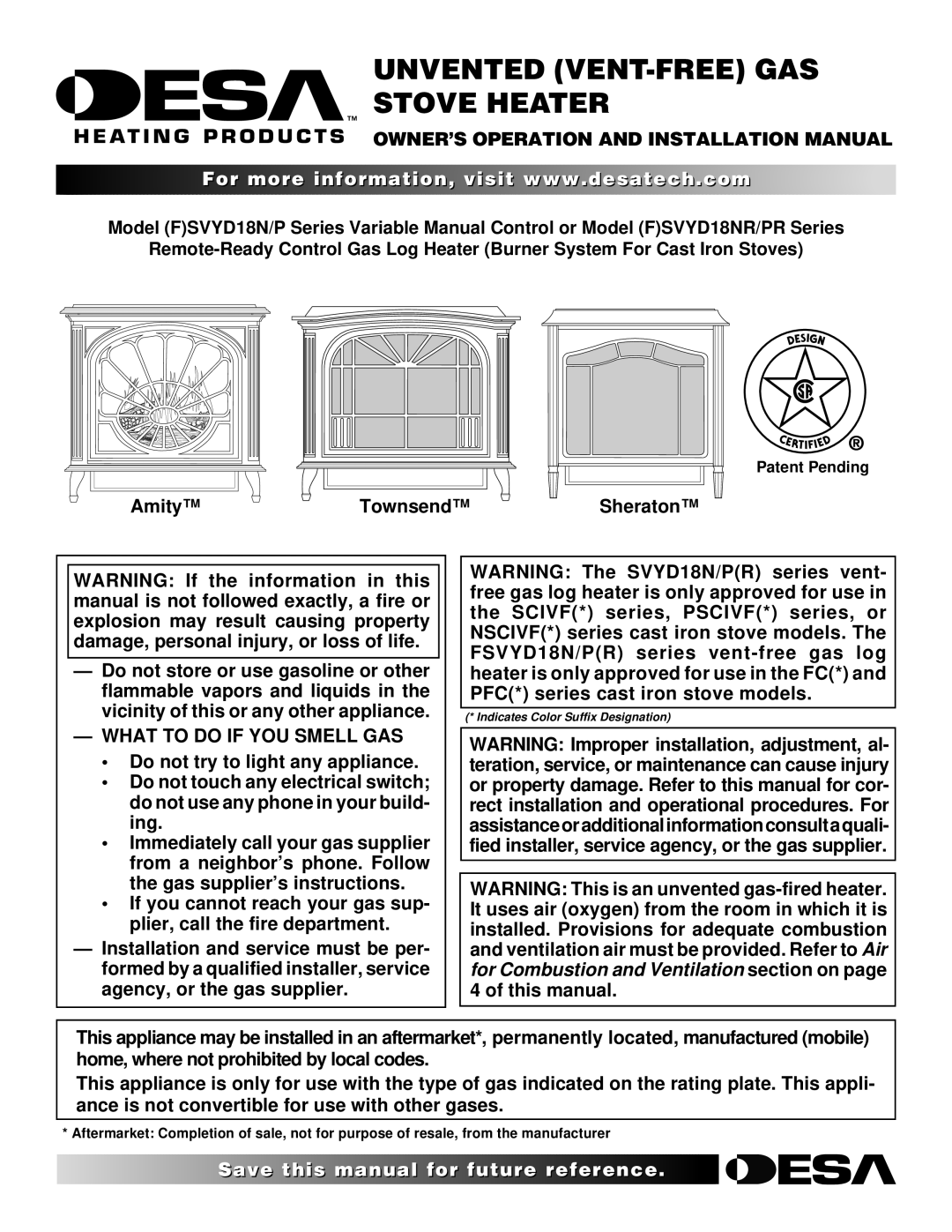 Desa SVYD18NR, SVYD18N installation manual OWNER’S Operation and Installation Manual, What to do if YOU Smell GAS 