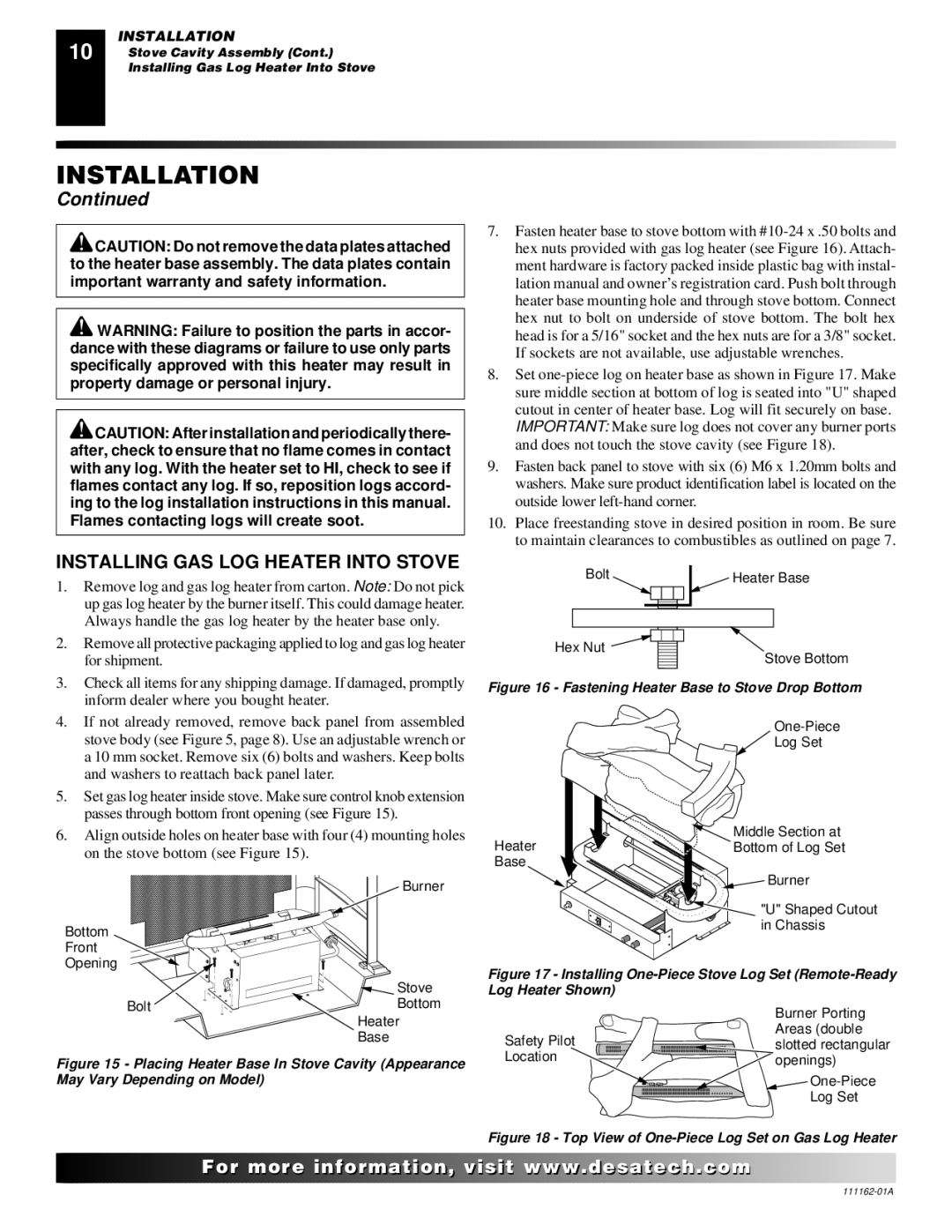 Desa SVYD18N, SVYD18NR, SVYD18NR, SVYD18N Installing GAS LOG Heater Into Stove, Fastening Heater Base to Stove Drop Bottom 