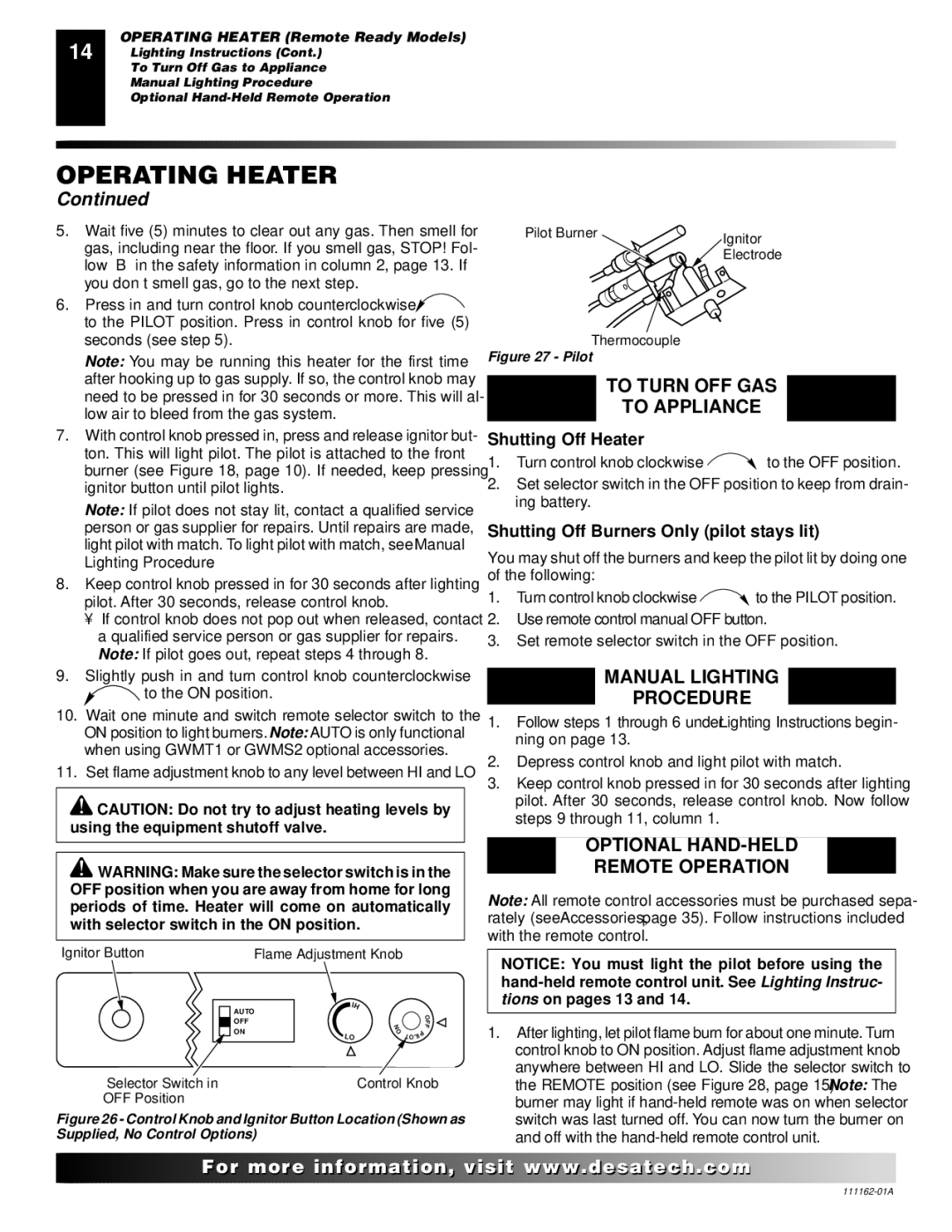 Desa SVYD18N, SVYD18NR To Turn OFF GAS To Appliance, Manual Lighting Procedure, Optional HAND-HELD Remote Operation 