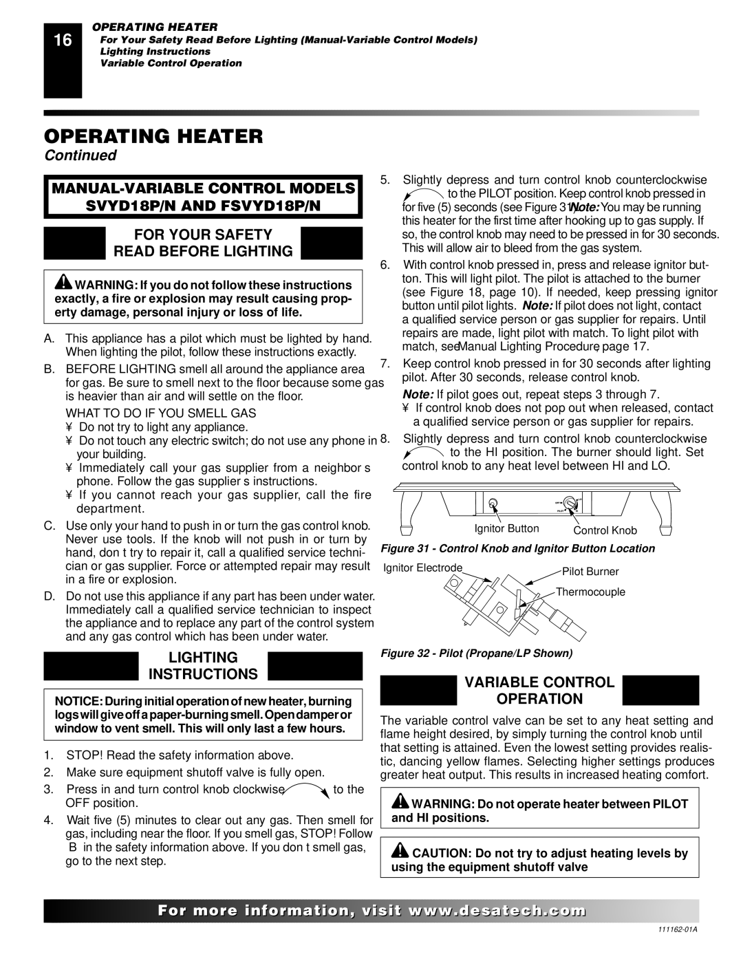 Desa SVYD18N, SVYD18NR, SVYD18NR, SVYD18N installation manual Variable Control Operation, Operating Heater 