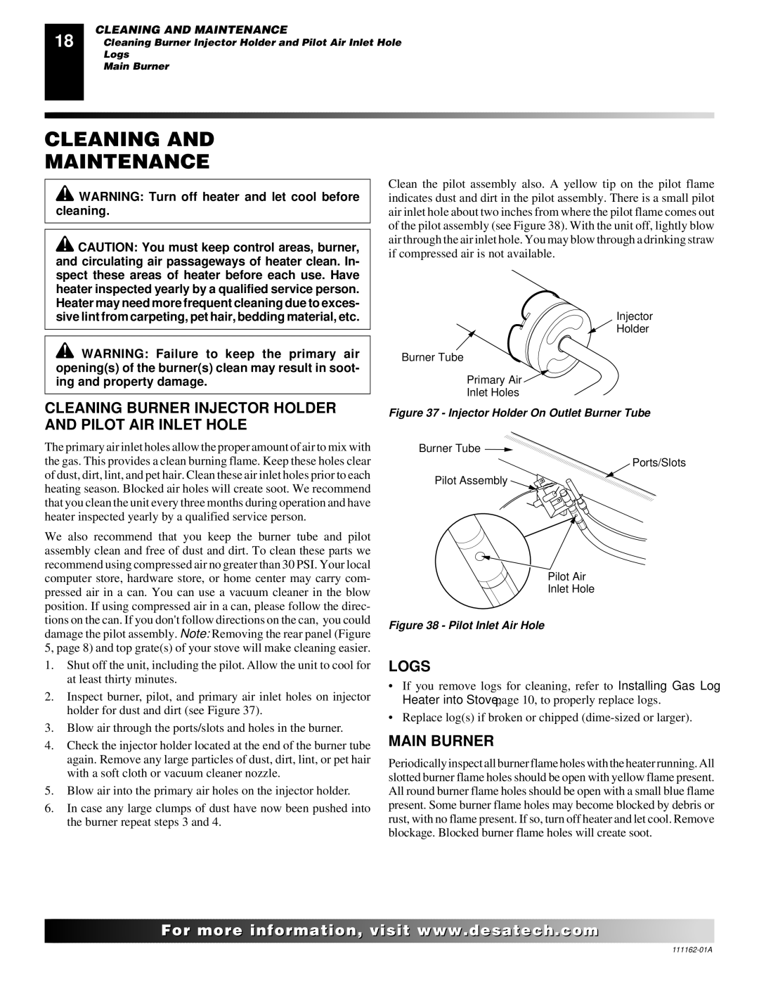 Desa SVYD18N, SVYD18NR Cleaning and Maintenance, Cleaning Burner Injector Holder and Pilot AIR Inlet Hole, Logs 