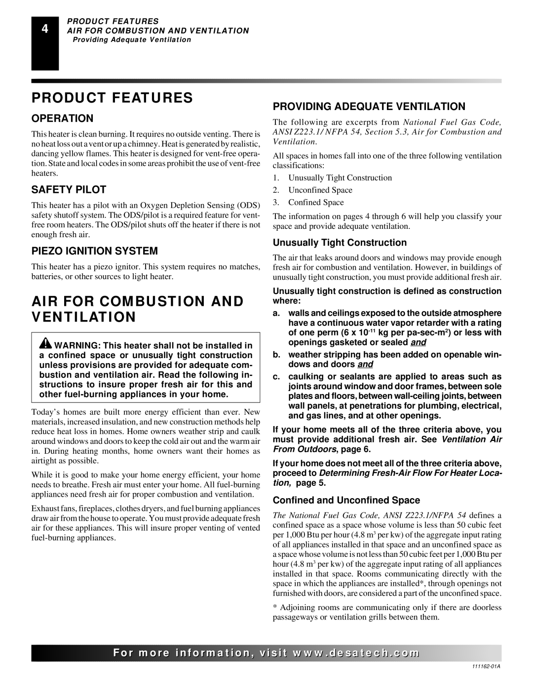 Desa SVYD18N, SVYD18NR, SVYD18NR, SVYD18N installation manual Product Features, AIR for Combustion and Ventilation 